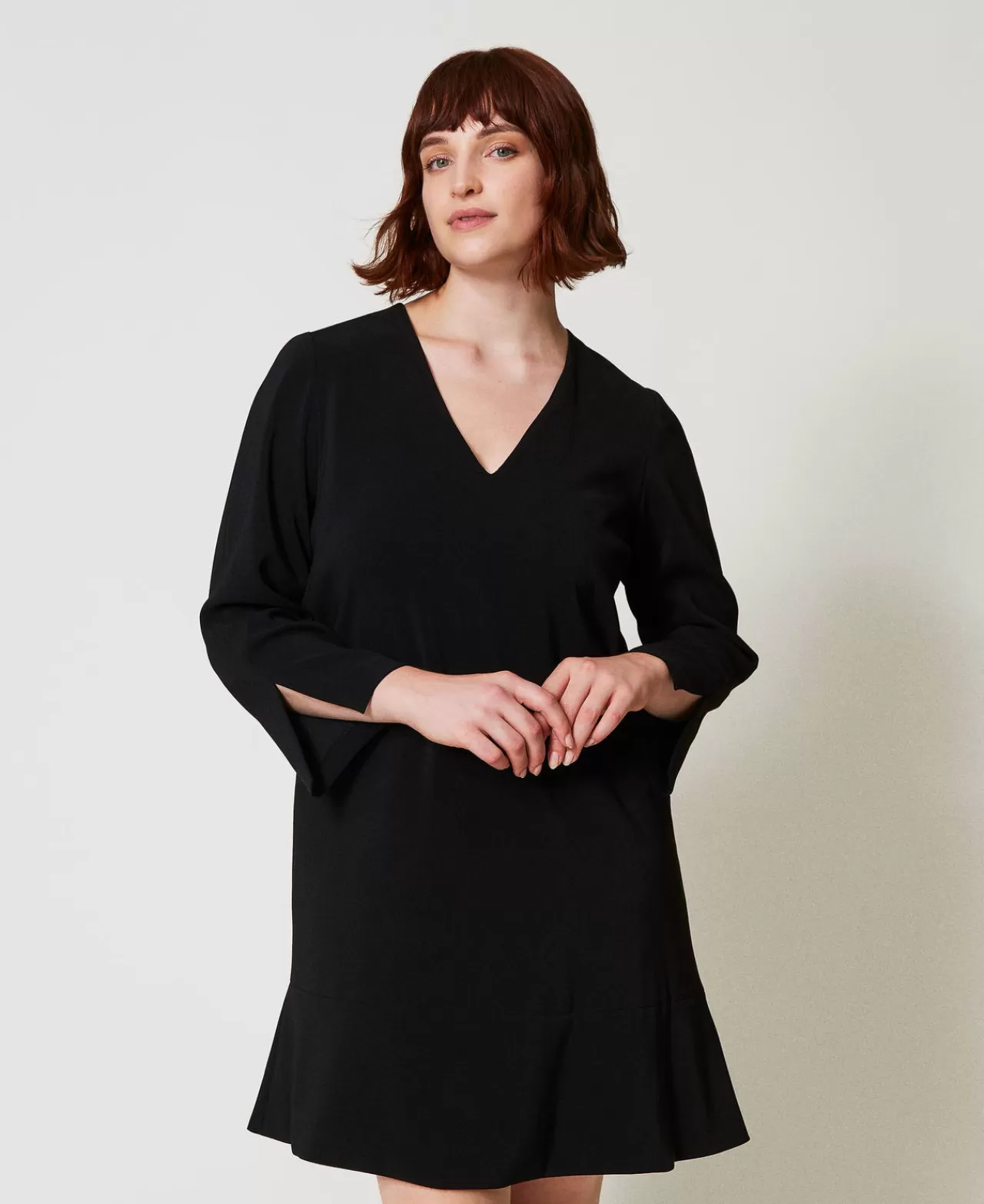 Vestiti Da Cerimonia | Vestiti Corti | TWINSET Milano Abito Corto Con Balza E Catena Oval T Nero