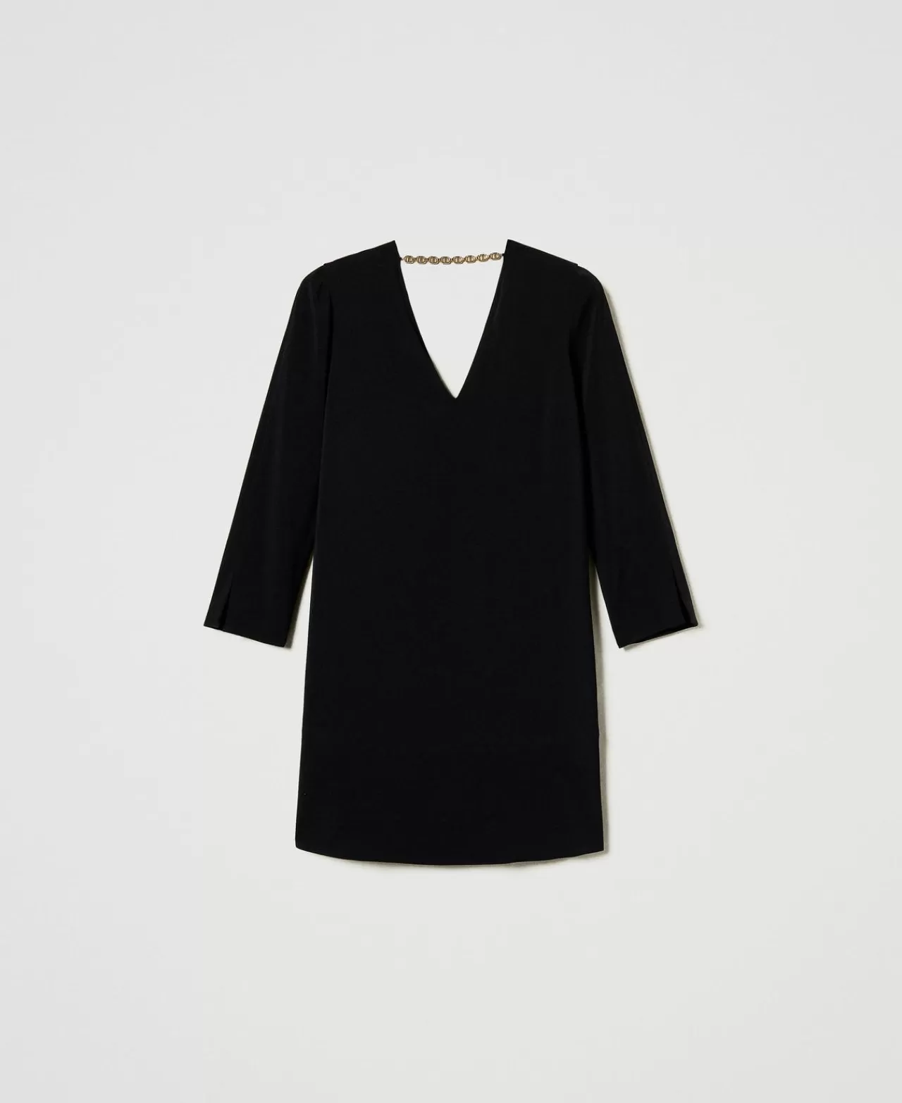 Vestiti Da Cerimonia | Vestiti Corti | TWINSET Milano Abito Corto Con Balza E Catena Oval T Nero