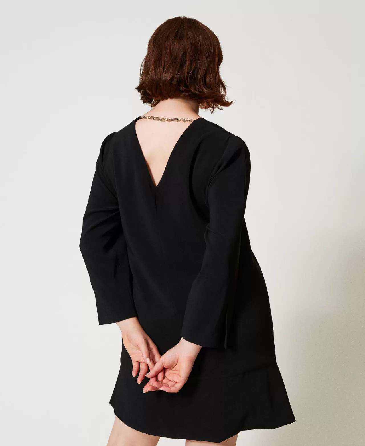Vestiti Da Cerimonia | Vestiti Corti | TWINSET Milano Abito Corto Con Balza E Catena Oval T Nero