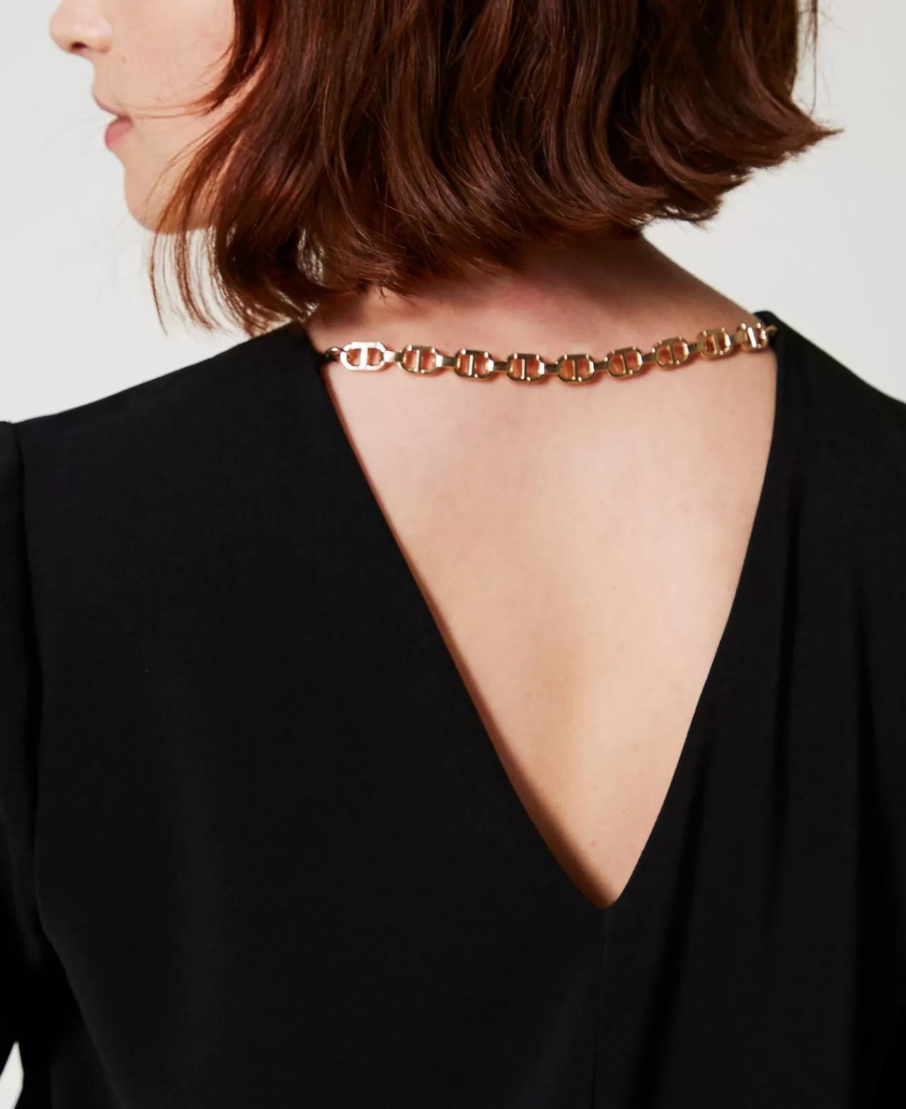 Vestiti Da Cerimonia | Vestiti Corti | TWINSET Milano Abito Corto Con Balza E Catena Oval T Nero