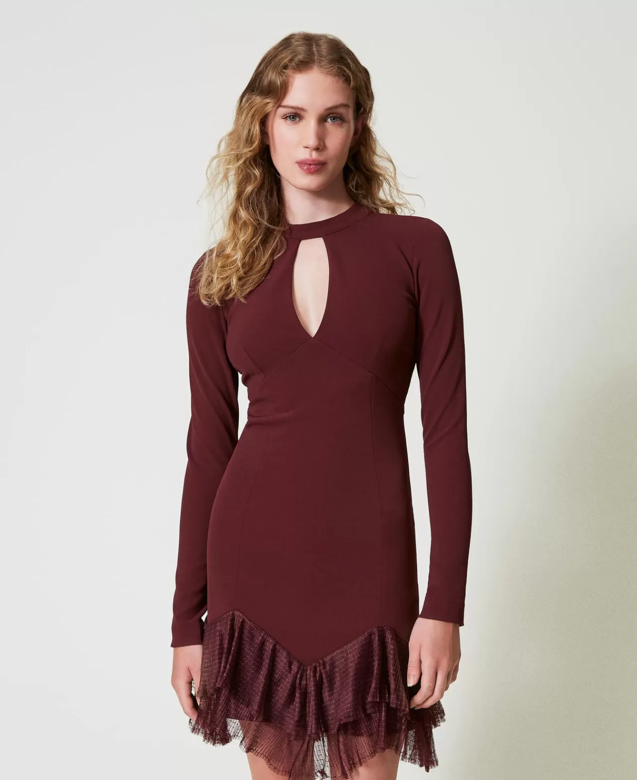 Vestiti Eleganti | Vestiti Corti | TWINSET Milano Abito Corto Con Balze Plissé In Tulle Rosso "Plum Wine"