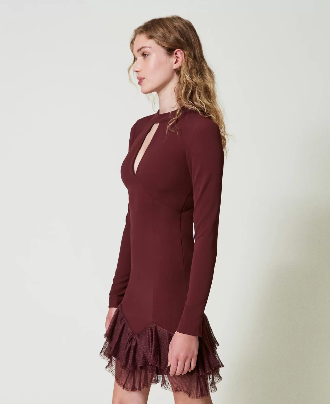 Vestiti Eleganti | Vestiti Corti | TWINSET Milano Abito Corto Con Balze Plissé In Tulle Rosso "Plum Wine"