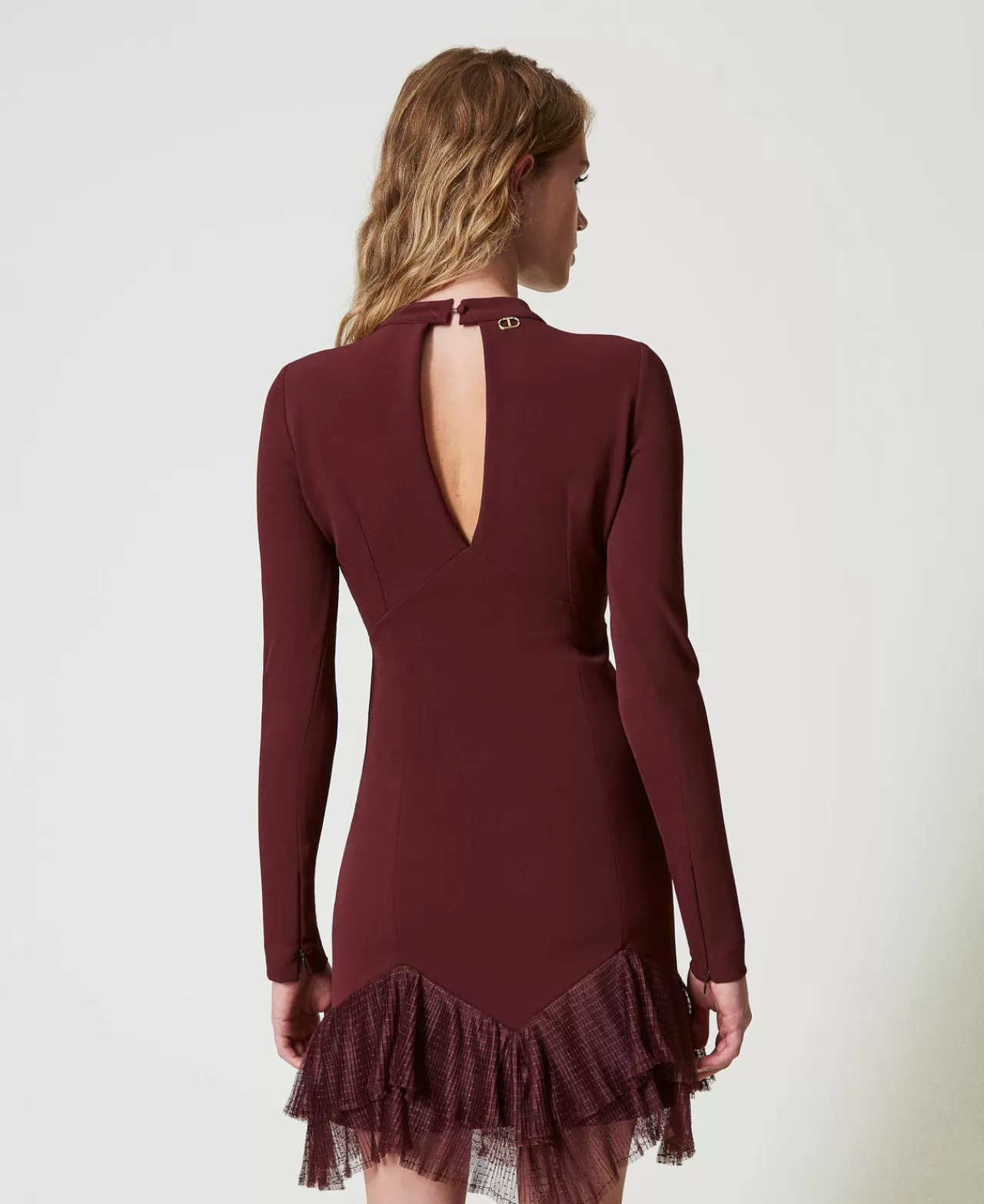 Vestiti Eleganti | Vestiti Corti | TWINSET Milano Abito Corto Con Balze Plissé In Tulle Rosso "Plum Wine"