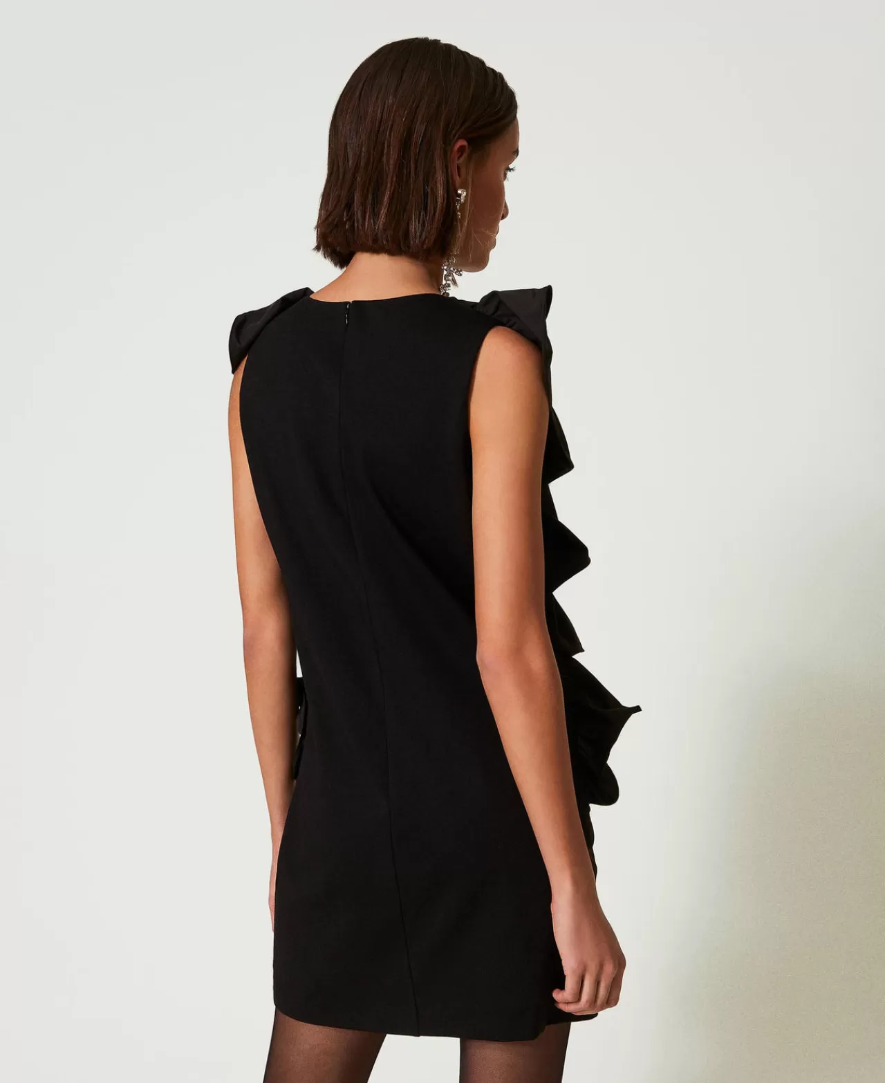 Vestiti Corti | Vestiti Da Cerimonia | TWINSET Milano Abito Corto Con Volant In Georgette Nero