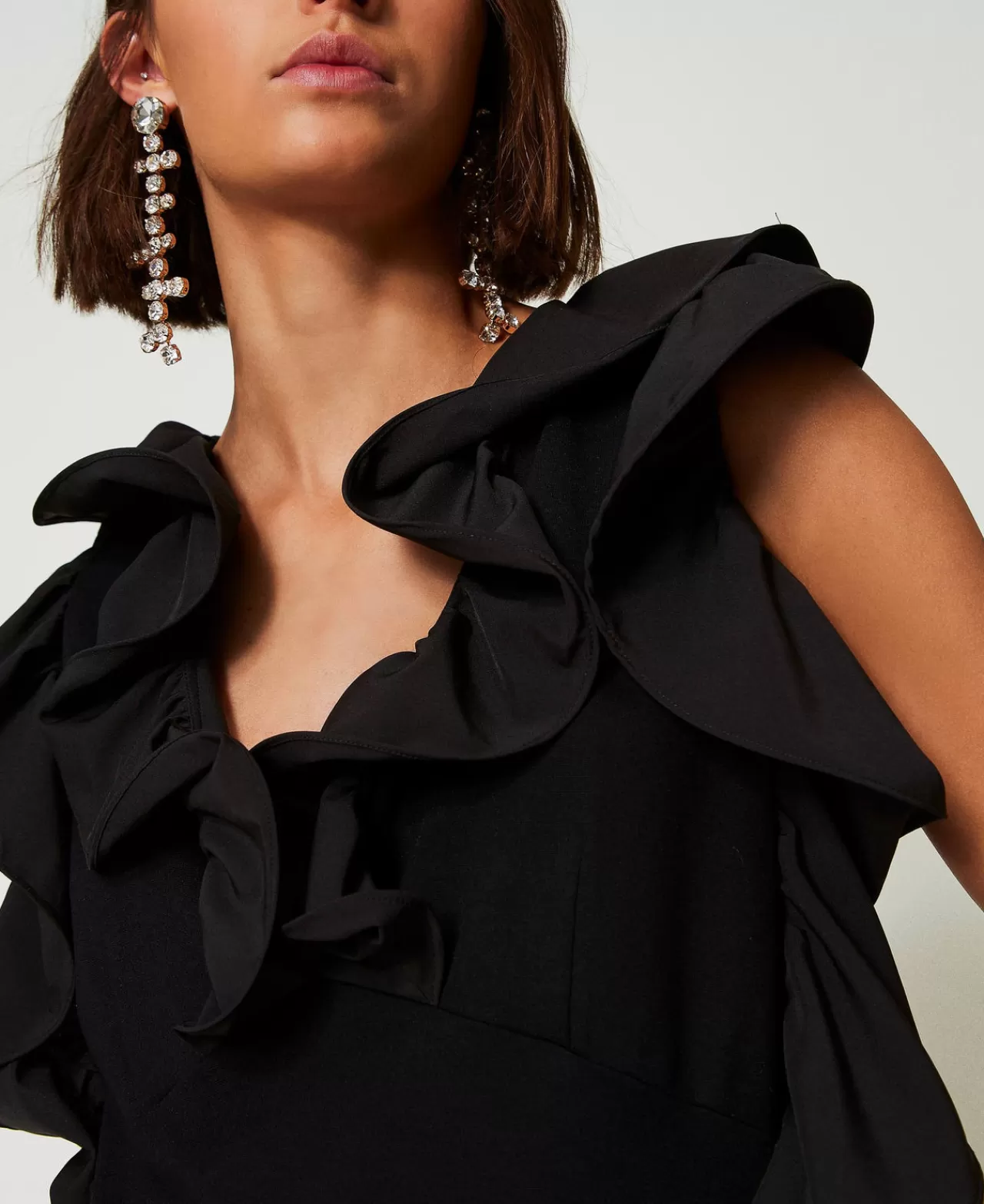 Vestiti Corti | Vestiti Da Cerimonia | TWINSET Milano Abito Corto Con Volant In Georgette Nero