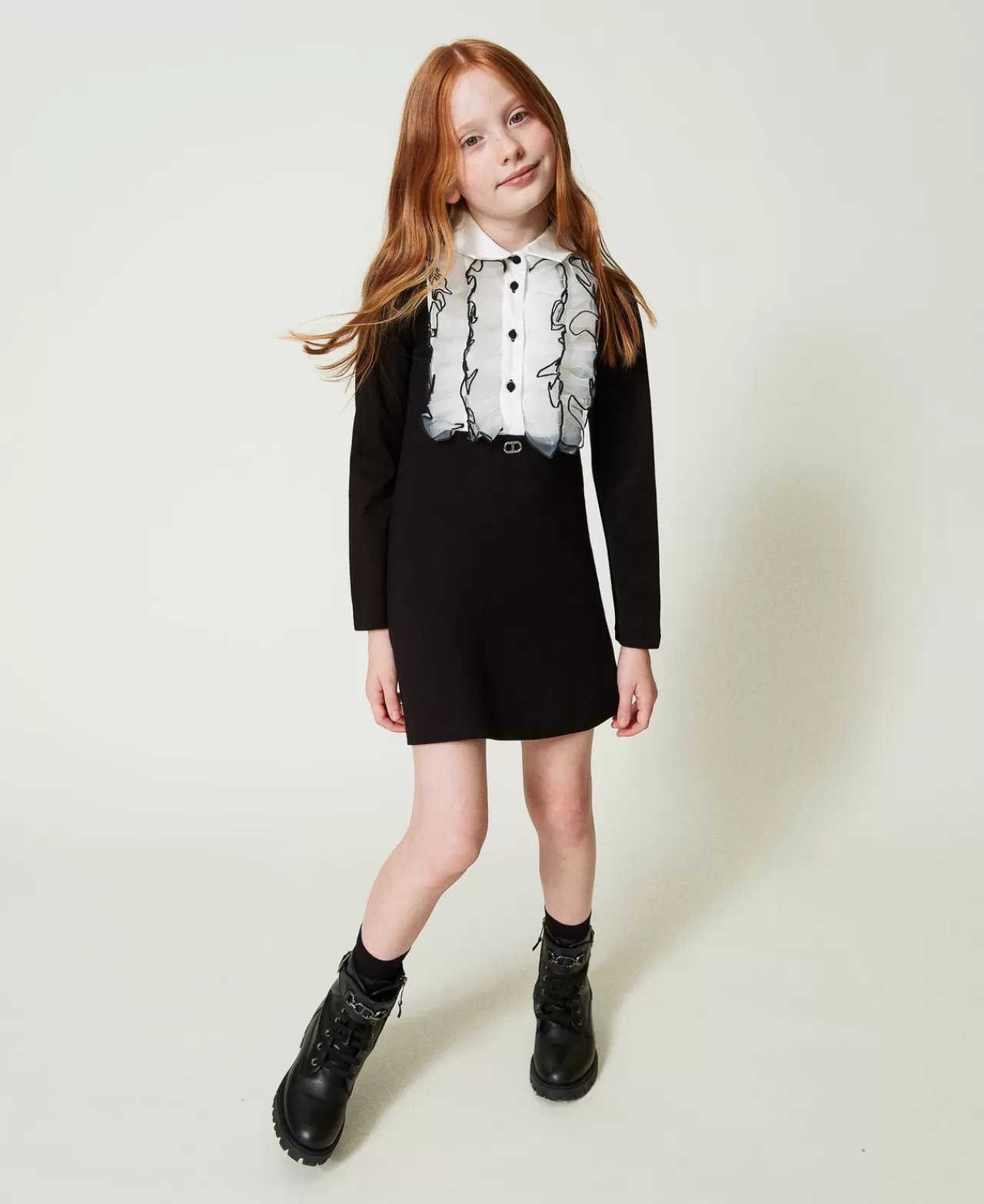 Vestiti | TWINSET Milano Abito Corto Con Volant In Organza Bicolor Nero / Off White