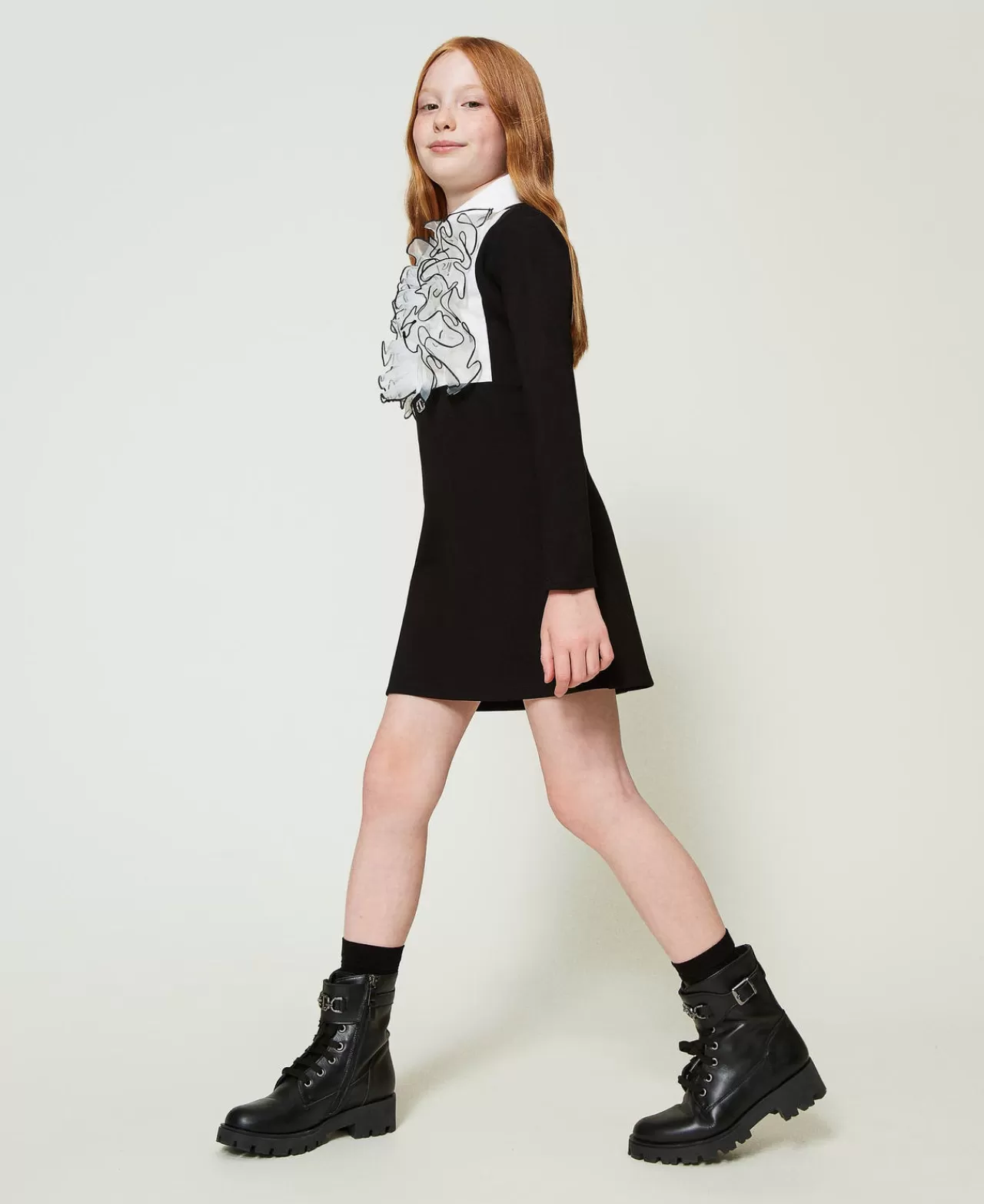Vestiti | TWINSET Milano Abito Corto Con Volant In Organza Bicolor Nero / Off White
