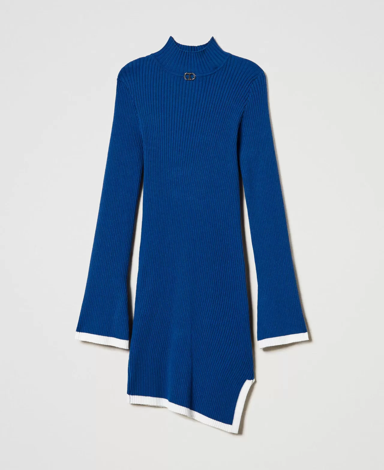 Vestiti | TWINSET Milano Abito Corto Fitted In Maglia A Costine Bicolor Blu "Surf" / Off White