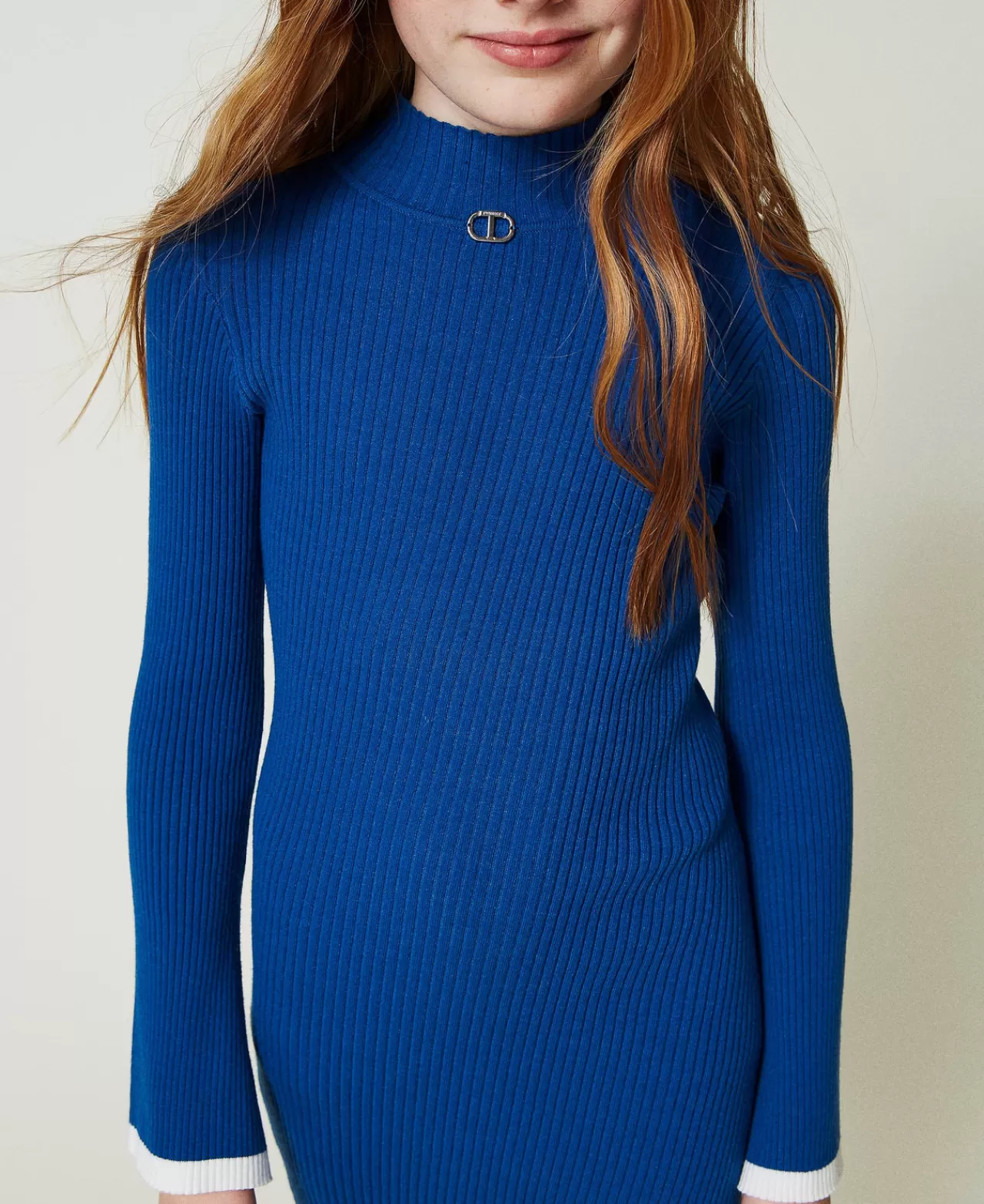 Vestiti | TWINSET Milano Abito Corto Fitted In Maglia A Costine Bicolor Blu "Surf" / Off White