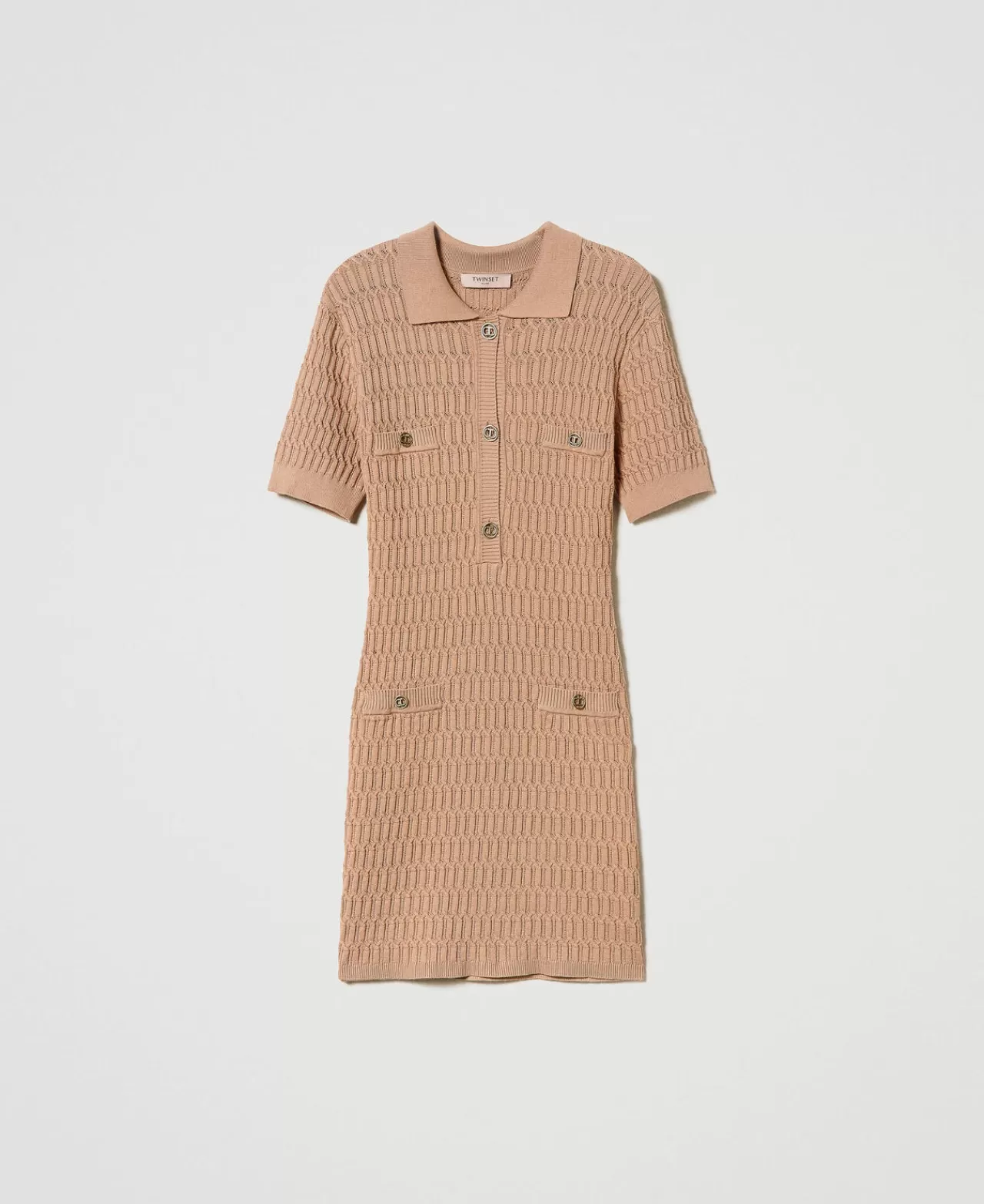 Vestiti In Maglia | Vestiti Corti | TWINSET Milano Abito Corto Fitted In Maglia Con Bottoni Marrone "Sandy Brown"