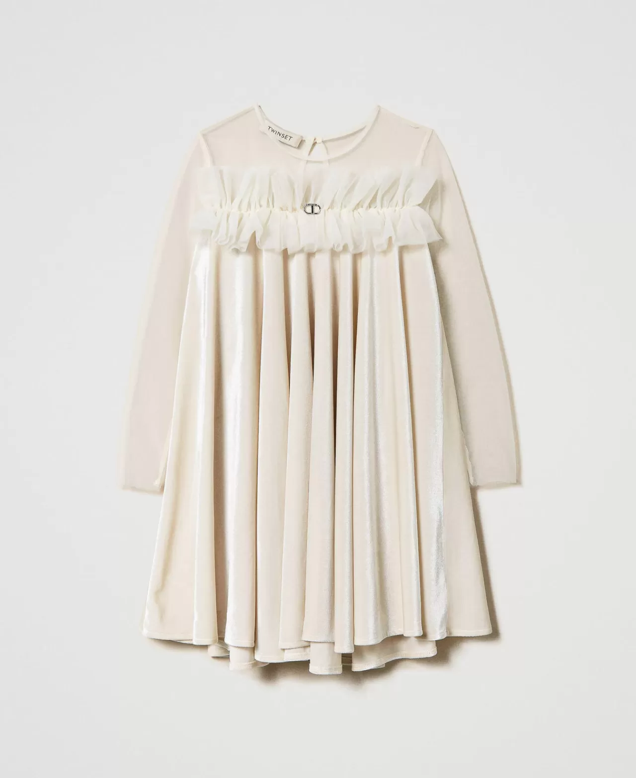 Vestiti | TWINSET Milano Abito Corto In Ciniglia E Tulle Off White