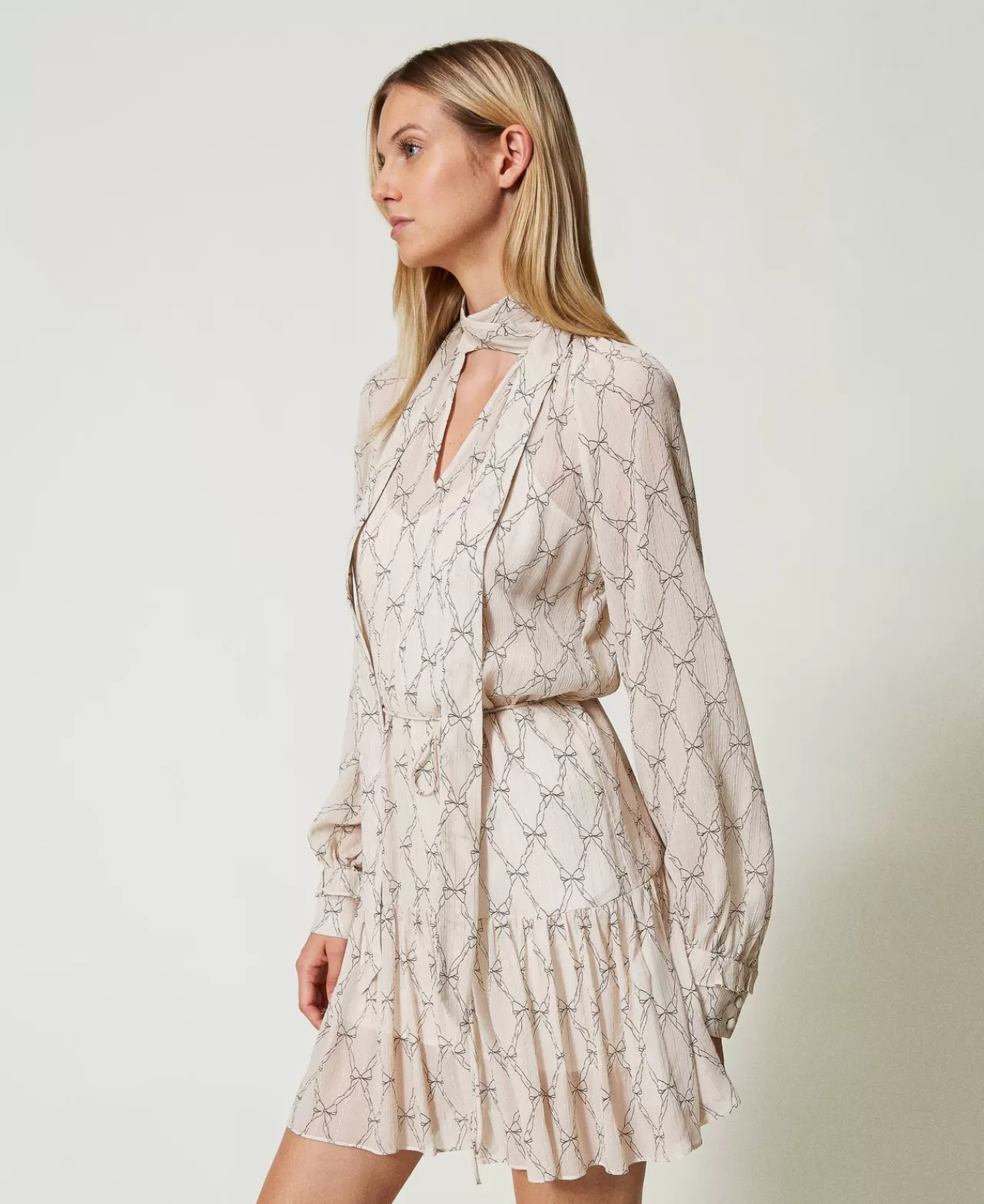 Vestiti Da Cerimonia | Vestiti Corti | TWINSET Milano Abito Corto In Creponne Con Stampa Fiocchi Stampa Fiocchi Bianco "White Cream" / Nero