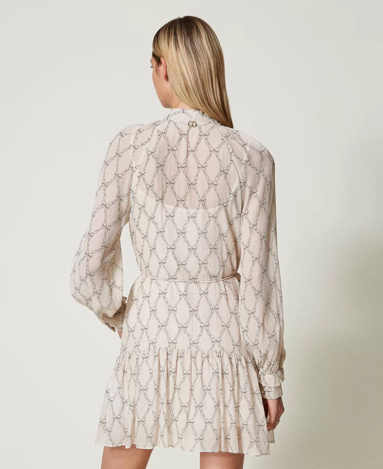 Vestiti Da Cerimonia | Vestiti Corti | TWINSET Milano Abito Corto In Creponne Con Stampa Fiocchi Stampa Fiocchi Bianco "White Cream" / Nero