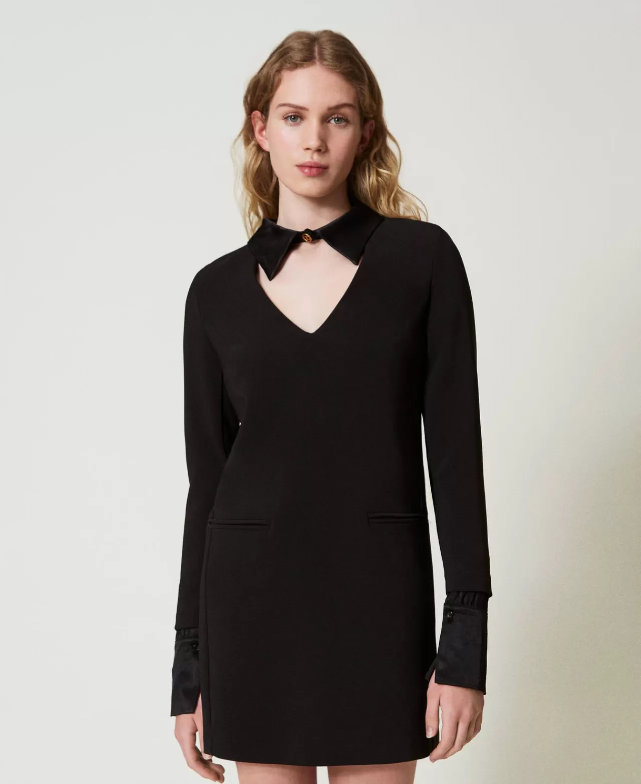Vestiti Da Cerimonia | Vestiti Eleganti | TWINSET Milano Abito Corto In Crêpe Con Dettagli In Raso Nero