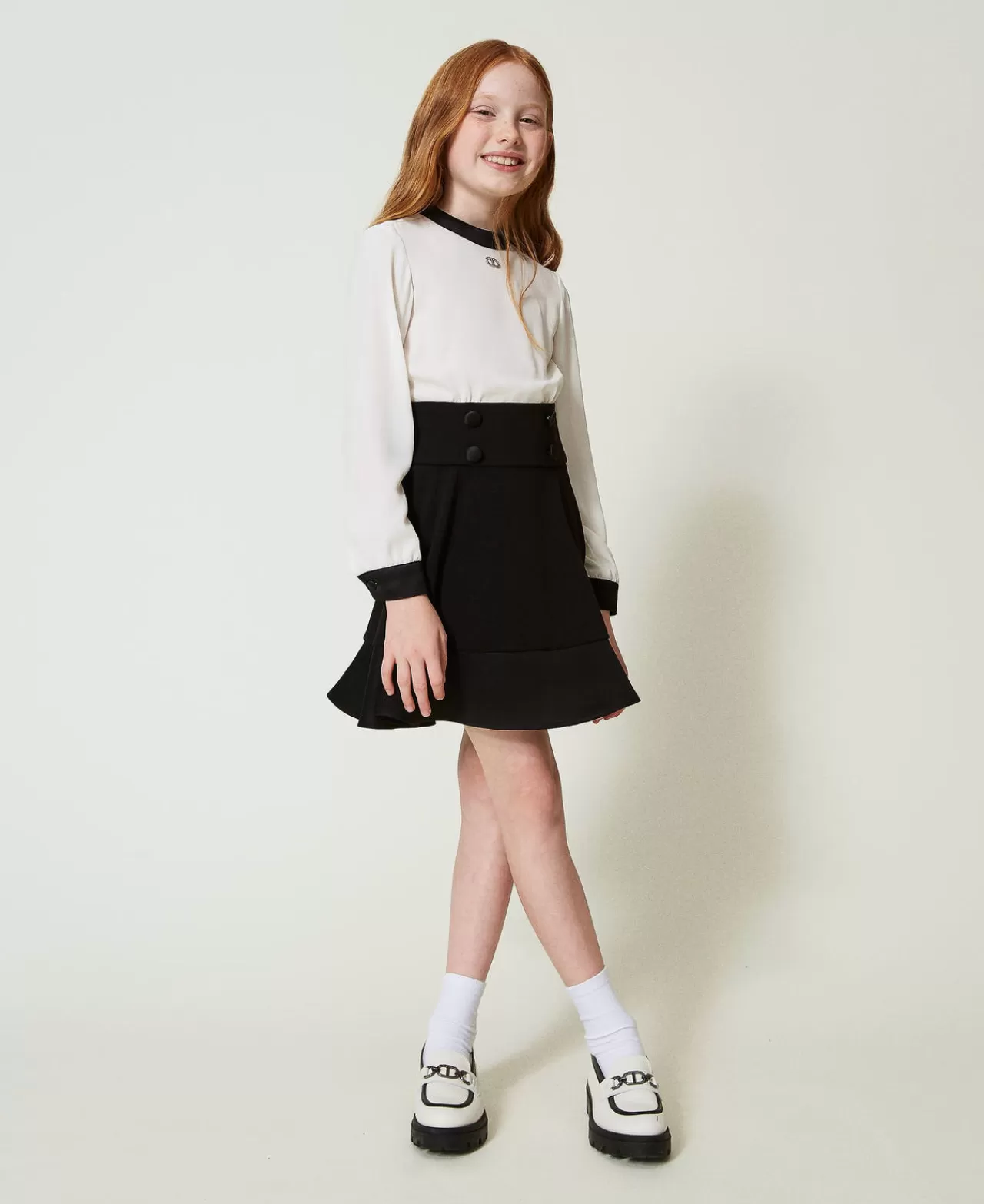Vestiti | TWINSET Milano Abito Corto In Crêpe De Chine E Flanella Bicolor Off White / Nero
