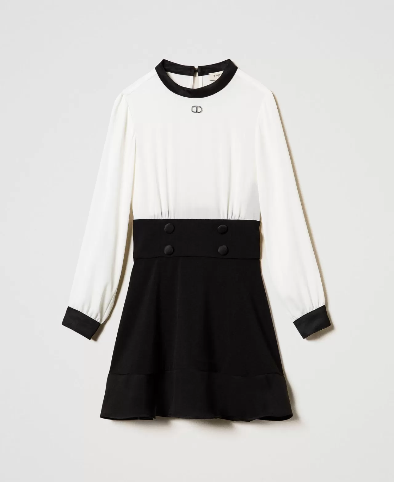 Vestiti | TWINSET Milano Abito Corto In Crêpe De Chine E Flanella Bicolor Off White / Nero