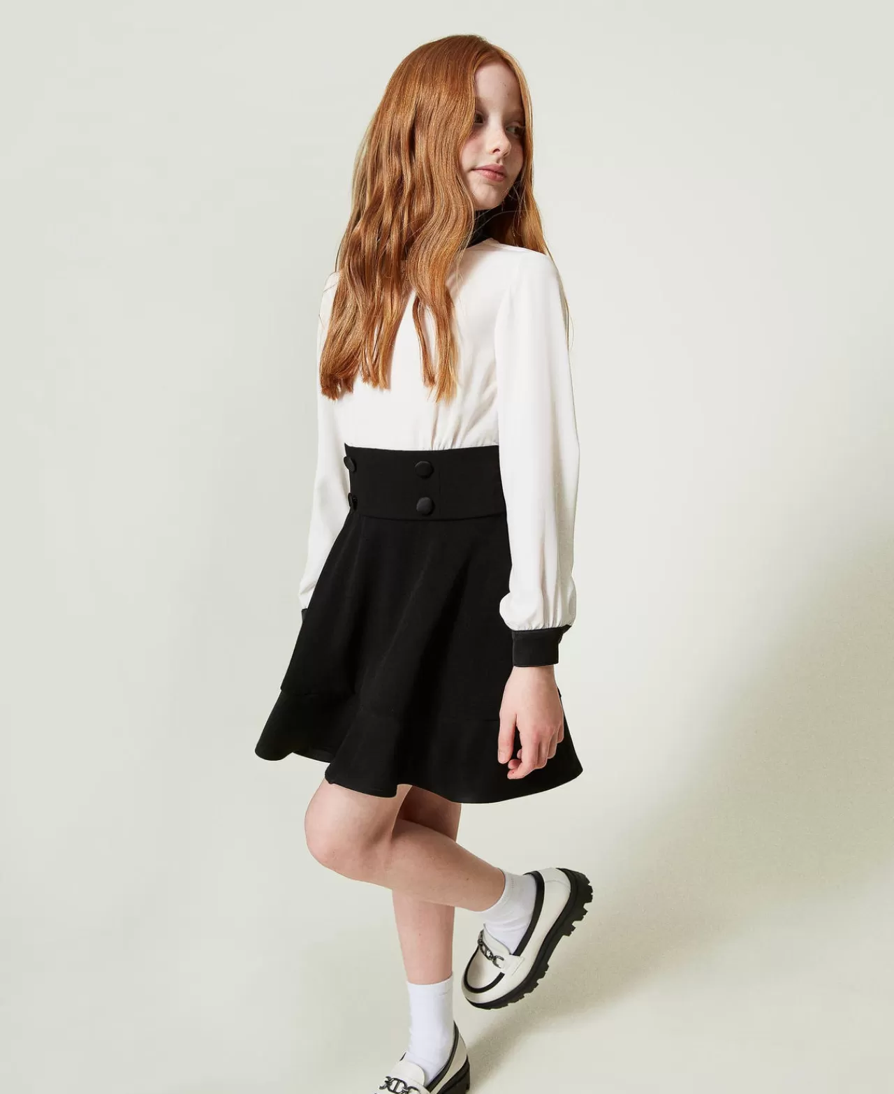 Vestiti | TWINSET Milano Abito Corto In Crêpe De Chine E Flanella Bicolor Off White / Nero