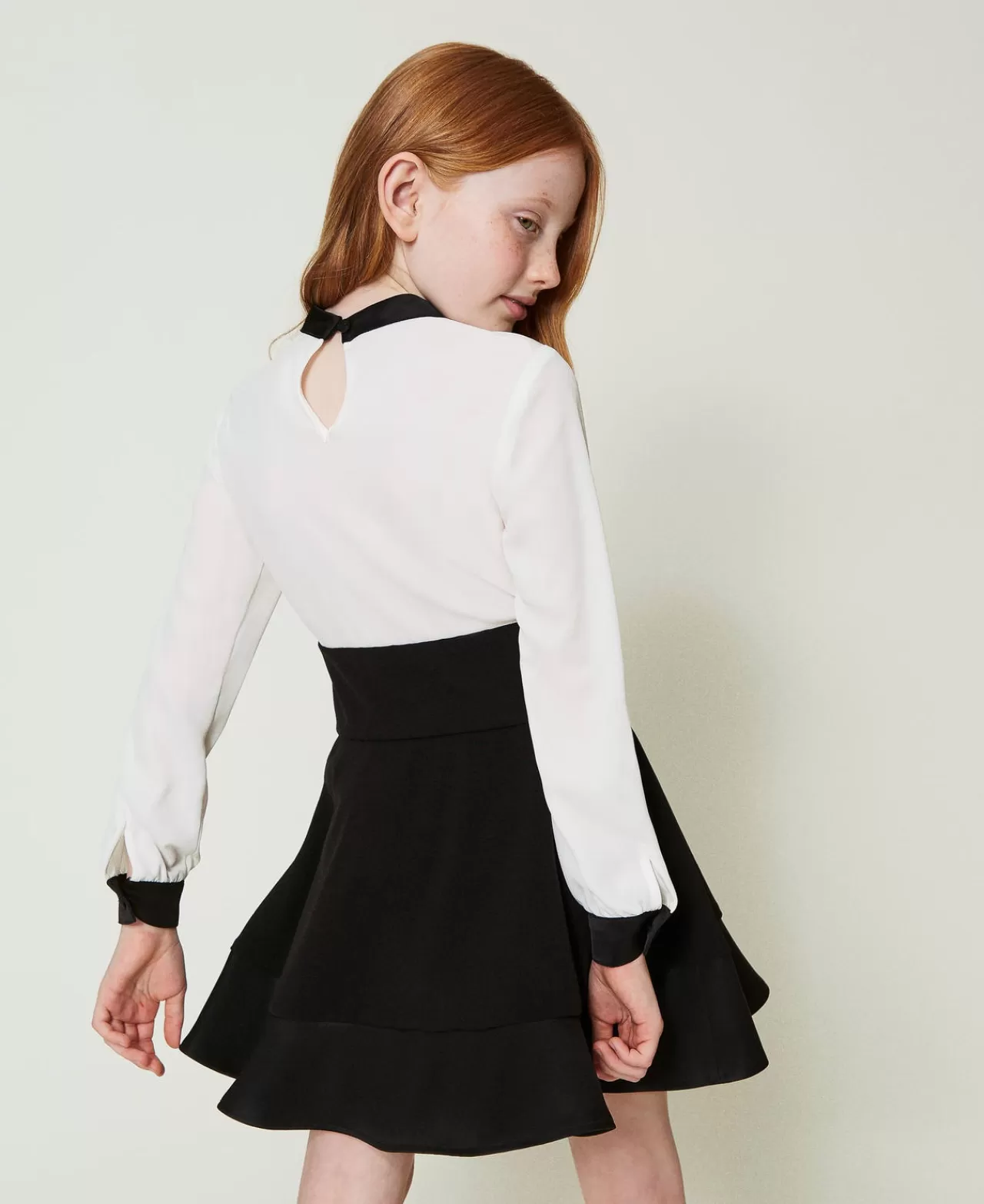 Vestiti | TWINSET Milano Abito Corto In Crêpe De Chine E Flanella Bicolor Off White / Nero