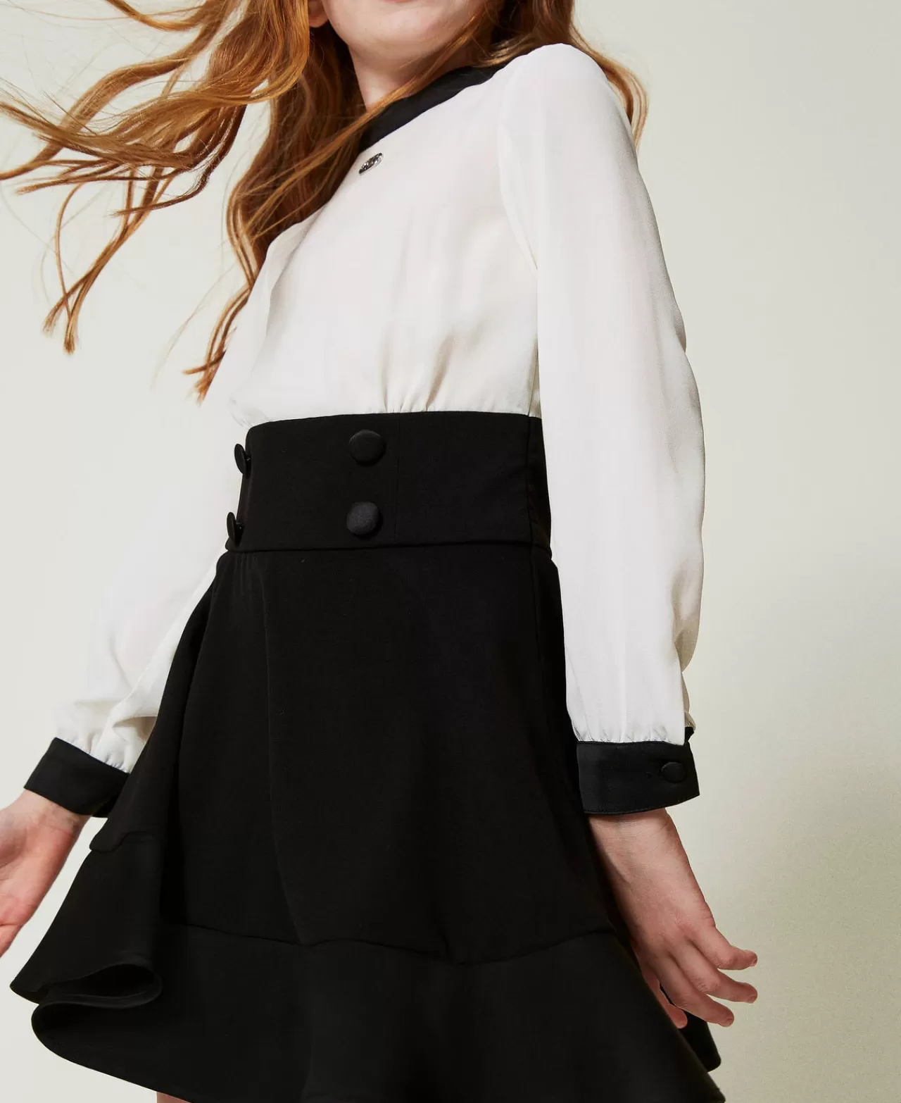 Vestiti | TWINSET Milano Abito Corto In Crêpe De Chine E Flanella Bicolor Off White / Nero