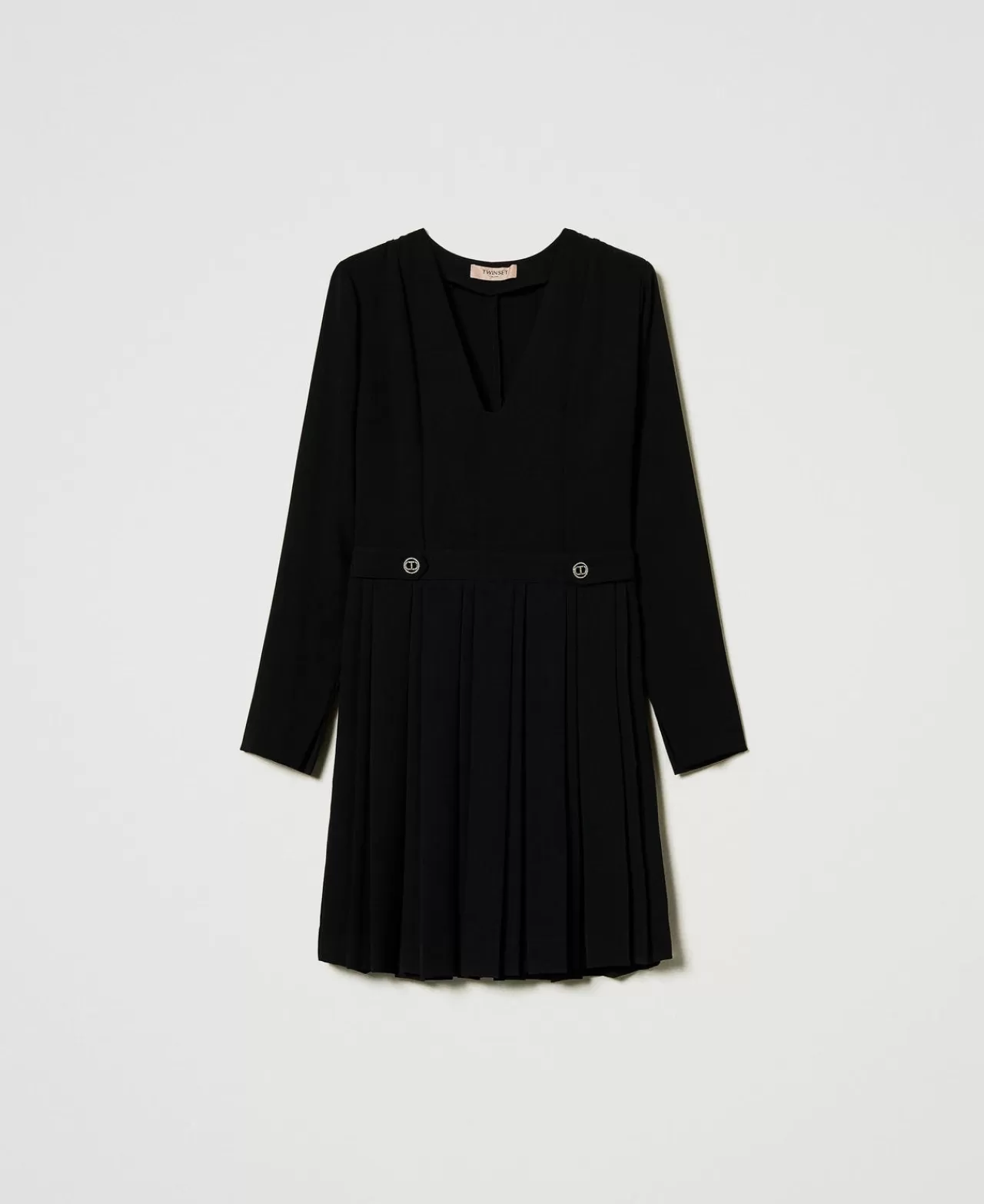 Vestiti Da Cerimonia | Vestiti Corti | TWINSET Milano Abito Corto In Crêpe Plissé Con Bottoni Nero