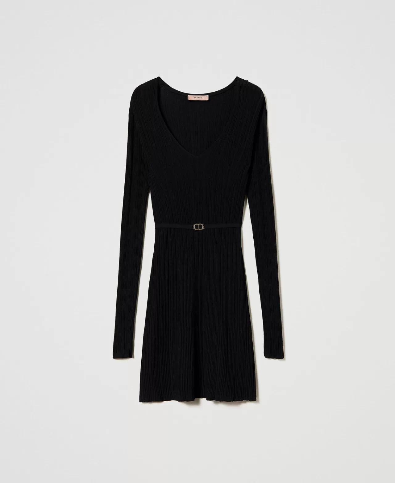 Vestiti In Maglia | Vestiti Corti | TWINSET Milano Abito Corto In Maglia A Costine Con Cintura Nero