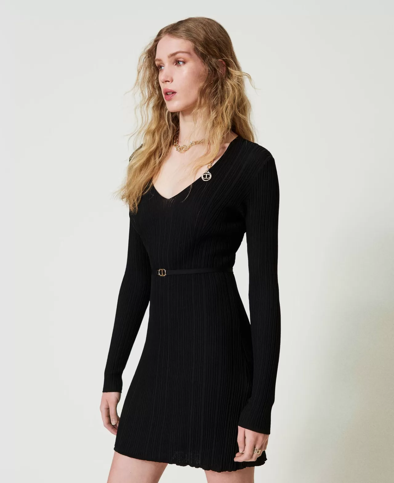 Vestiti In Maglia | Vestiti Corti | TWINSET Milano Abito Corto In Maglia A Costine Con Cintura Nero