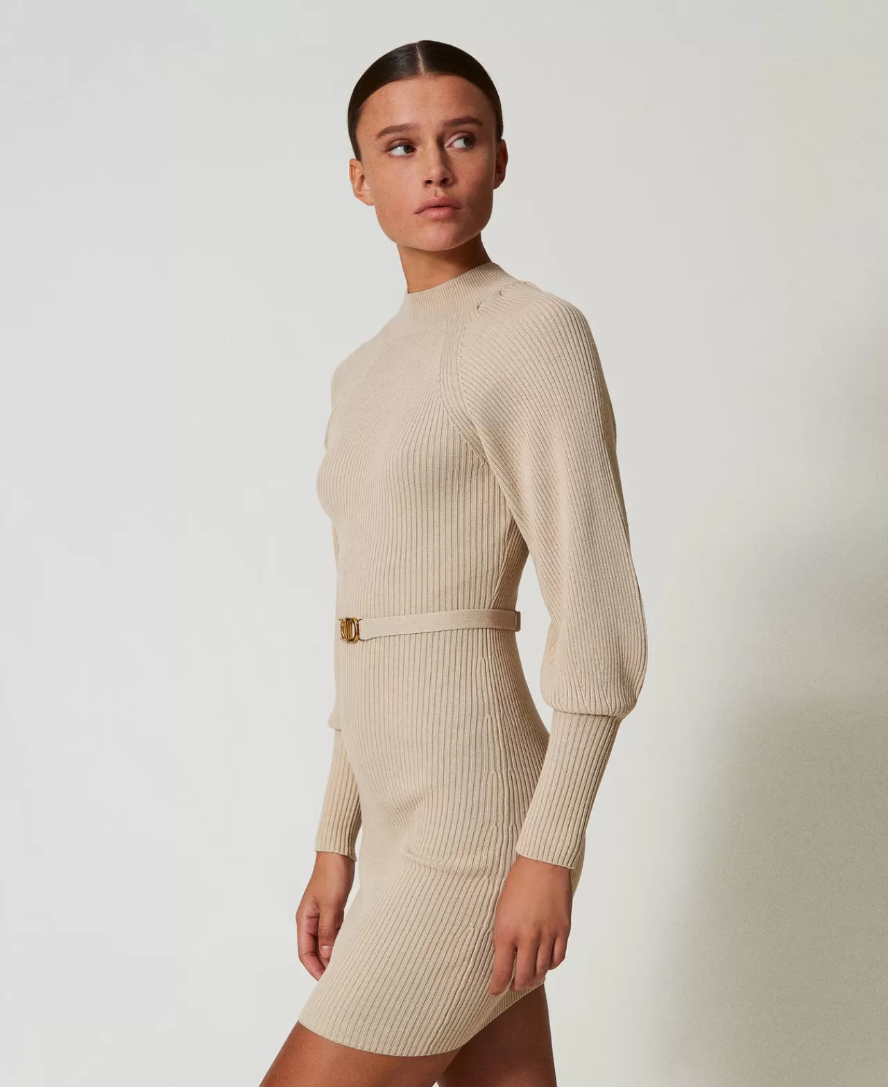 Vestiti In Maglia | Vestiti Corti | TWINSET Milano Abito Corto In Maglia A Costine Con Cintura Bianco "White Cream"