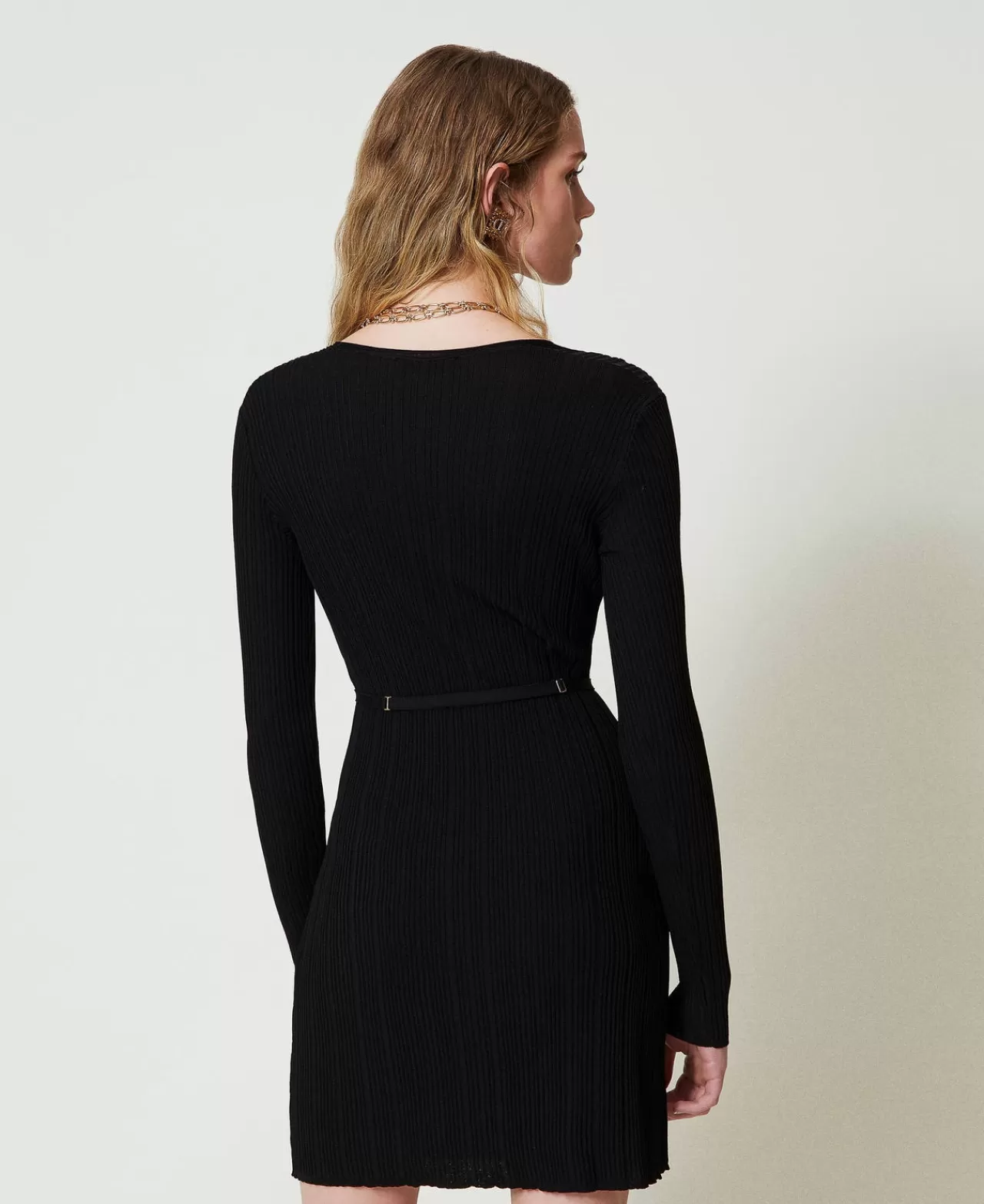 Vestiti In Maglia | Vestiti Corti | TWINSET Milano Abito Corto In Maglia A Costine Con Cintura Nero