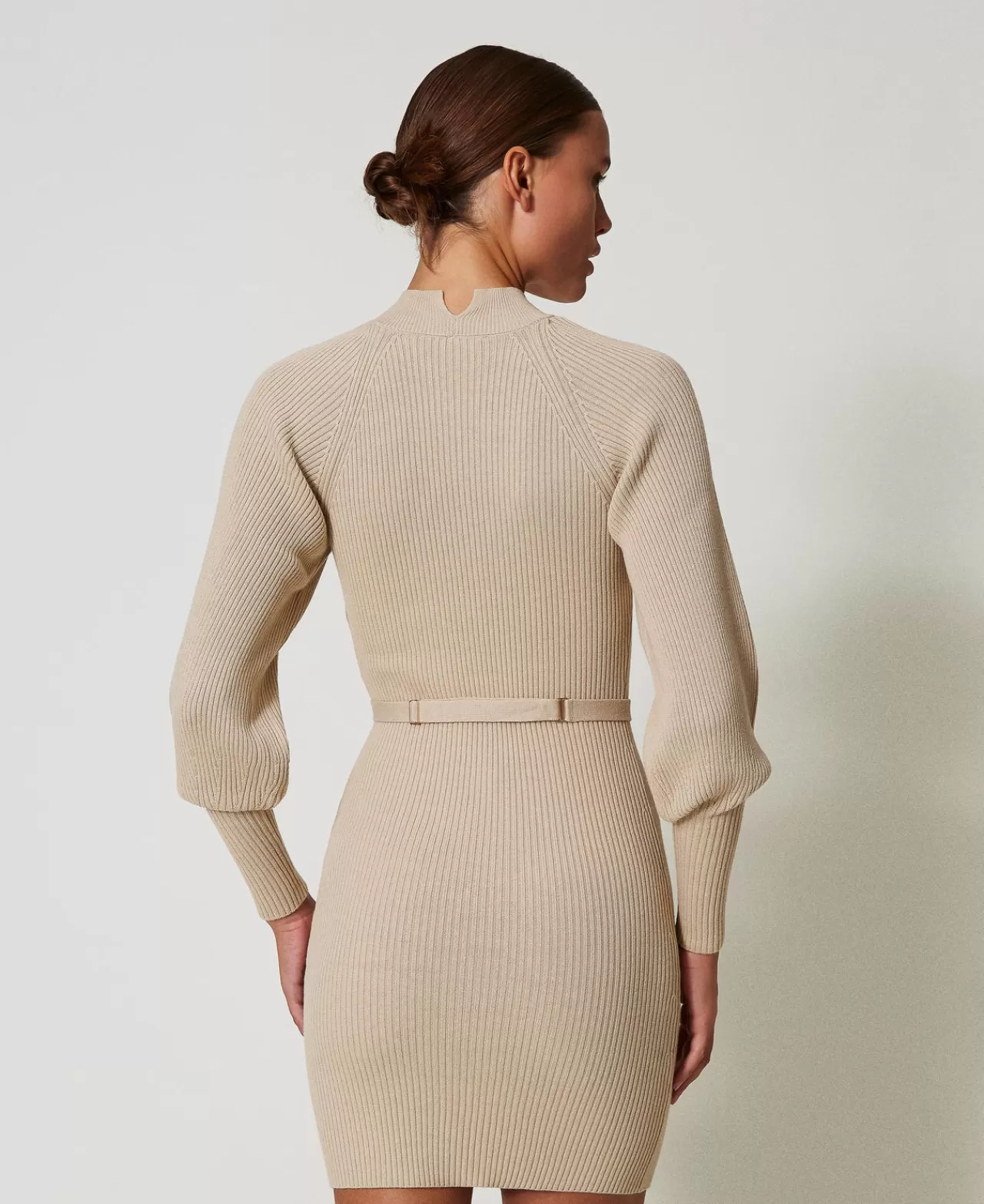 Vestiti In Maglia | Vestiti Corti | TWINSET Milano Abito Corto In Maglia A Costine Con Cintura Bianco "White Cream"
