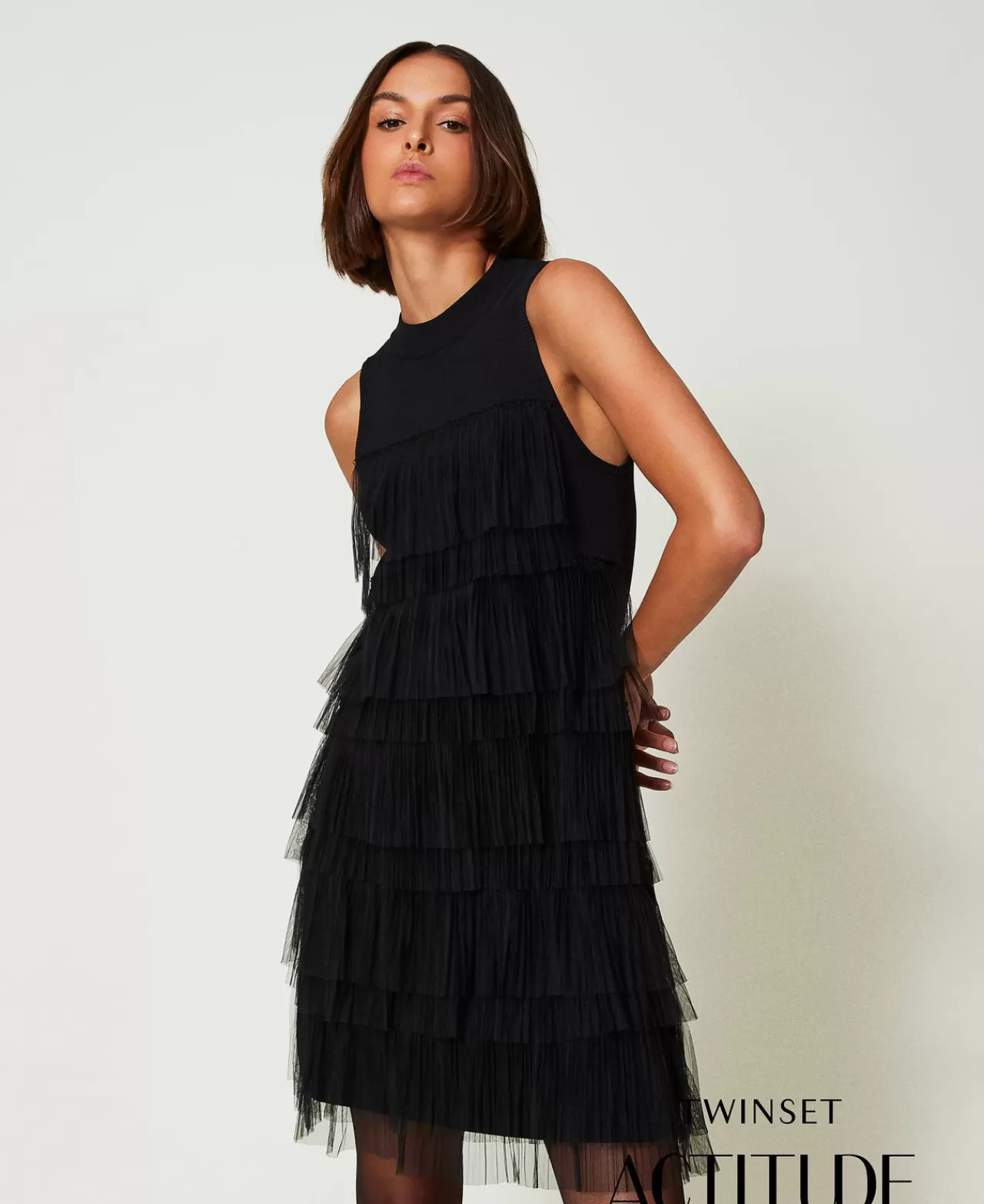 Vestiti Eleganti | Vestiti In Maglia | TWINSET Milano Abito Corto In Maglia Con Balze In Tulle Nero