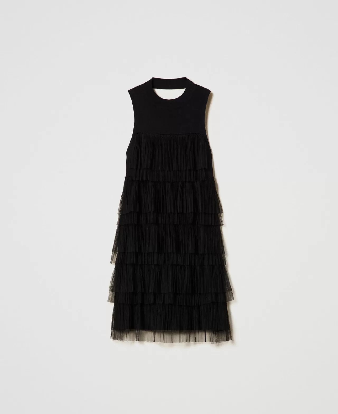 Vestiti Eleganti | Vestiti In Maglia | TWINSET Milano Abito Corto In Maglia Con Balze In Tulle Nero