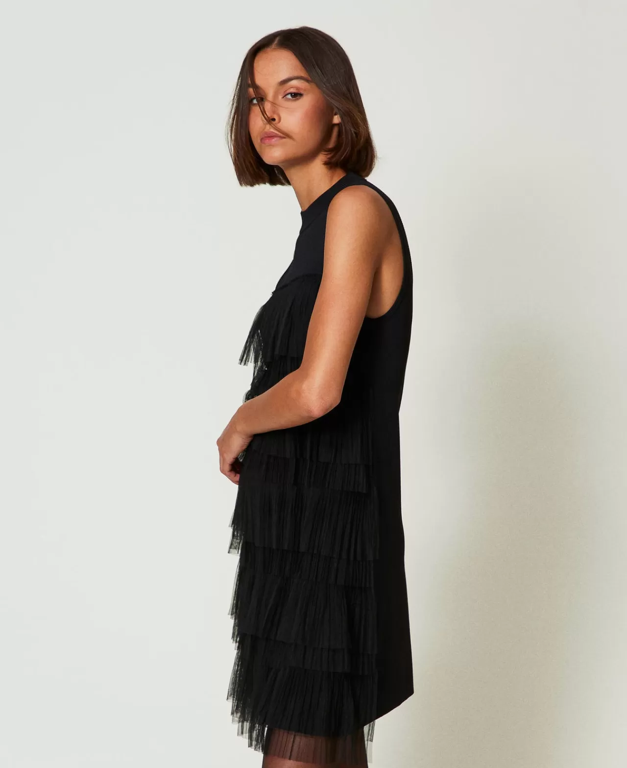 Vestiti Eleganti | Vestiti In Maglia | TWINSET Milano Abito Corto In Maglia Con Balze In Tulle Nero