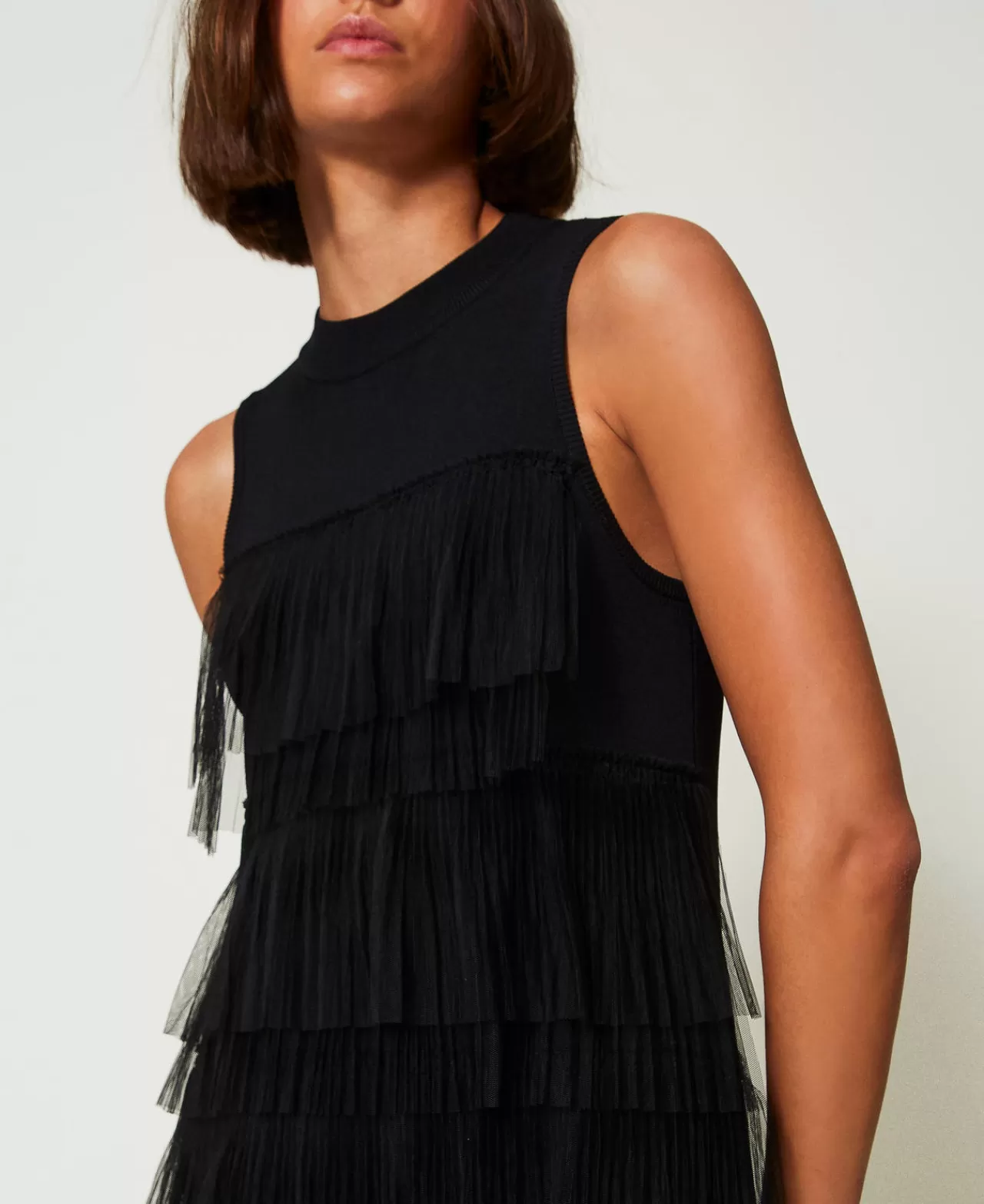 Vestiti Eleganti | Vestiti In Maglia | TWINSET Milano Abito Corto In Maglia Con Balze In Tulle Nero