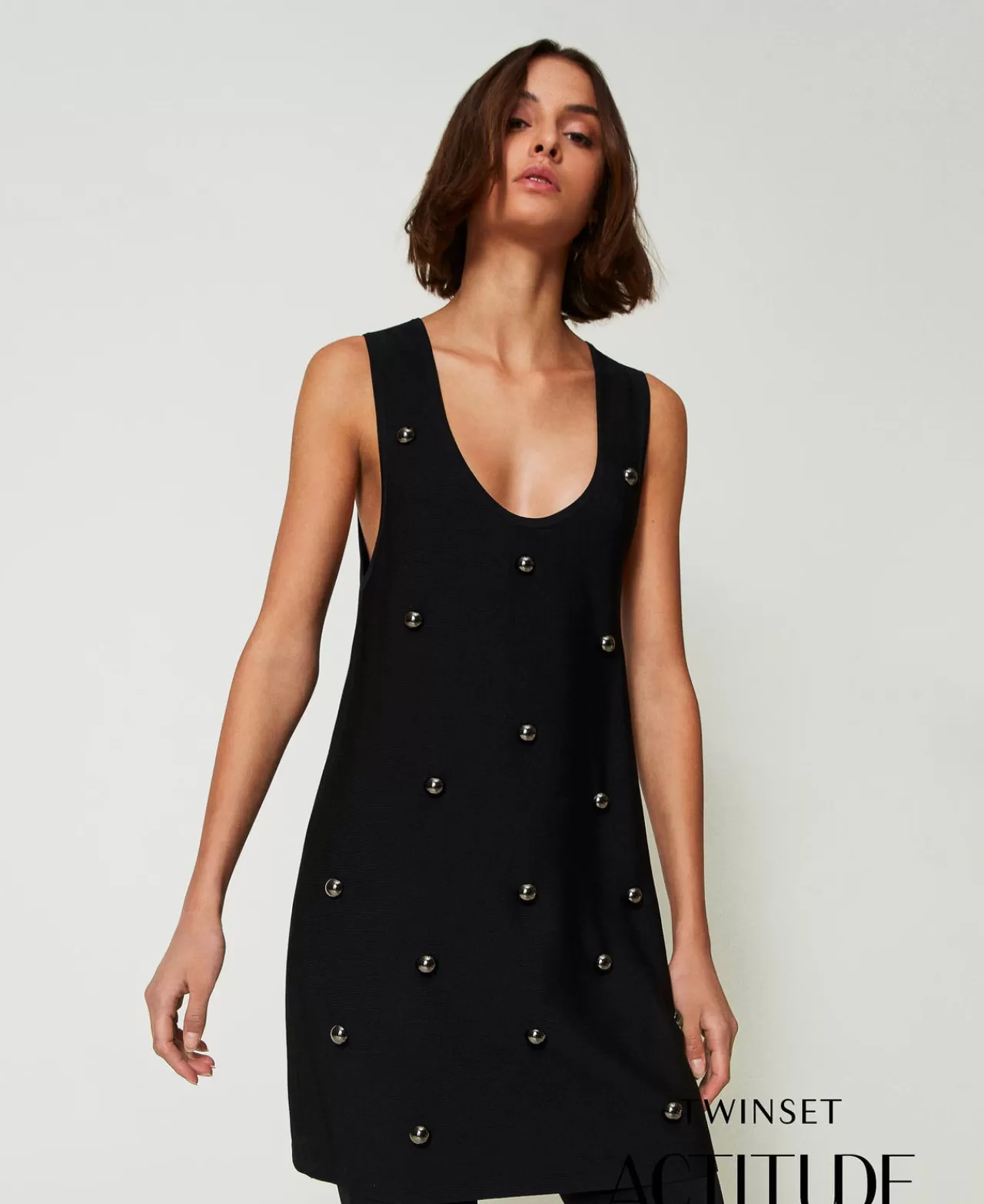 Vestiti In Maglia | Vestiti Corti | TWINSET Milano Abito Corto In Maglia Con Borchie Nero