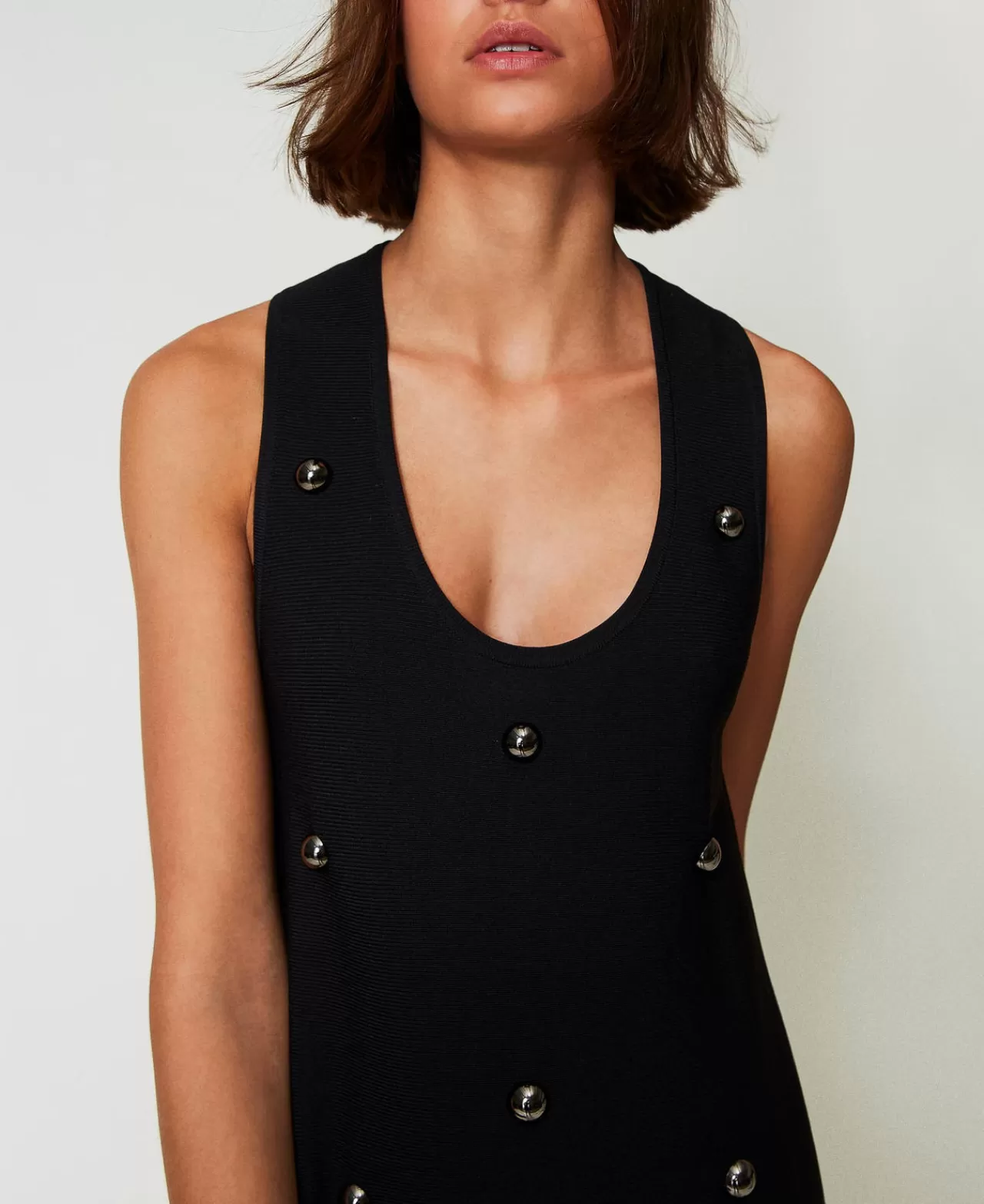 Vestiti In Maglia | Vestiti Corti | TWINSET Milano Abito Corto In Maglia Con Borchie Nero
