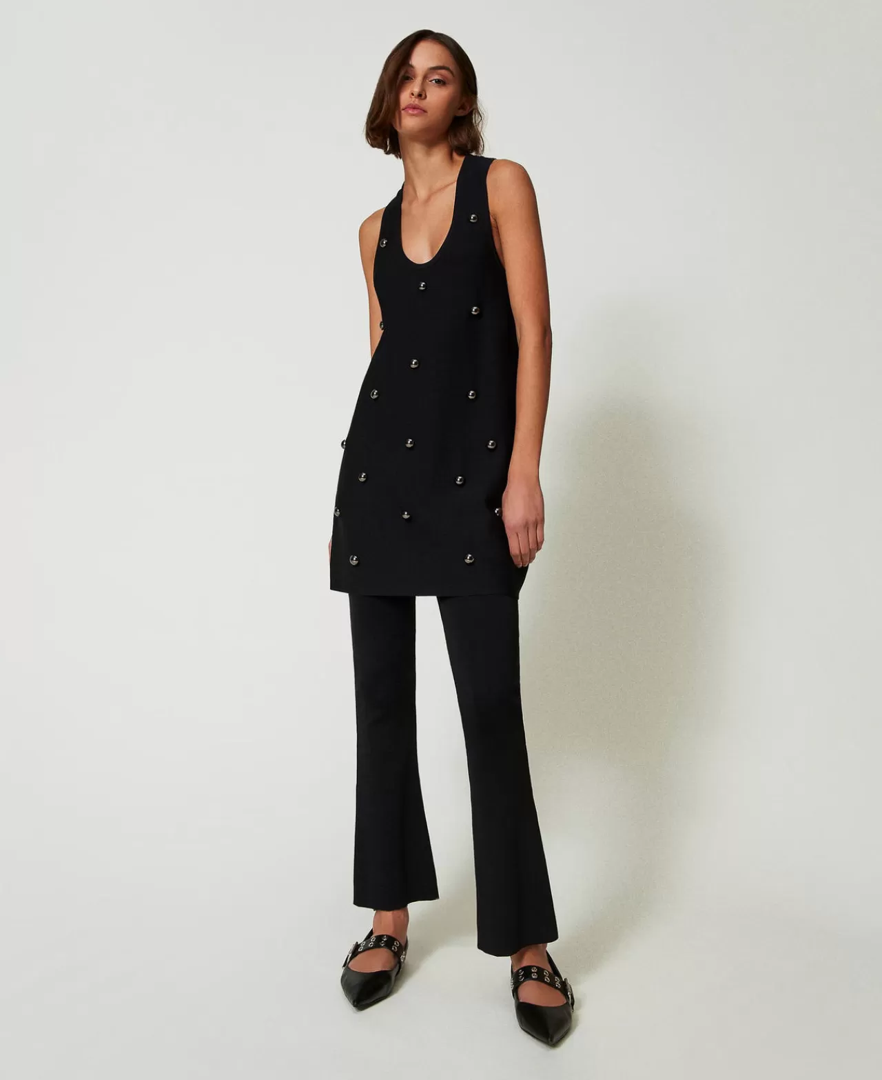 Vestiti In Maglia | Vestiti Corti | TWINSET Milano Abito Corto In Maglia Con Borchie Nero