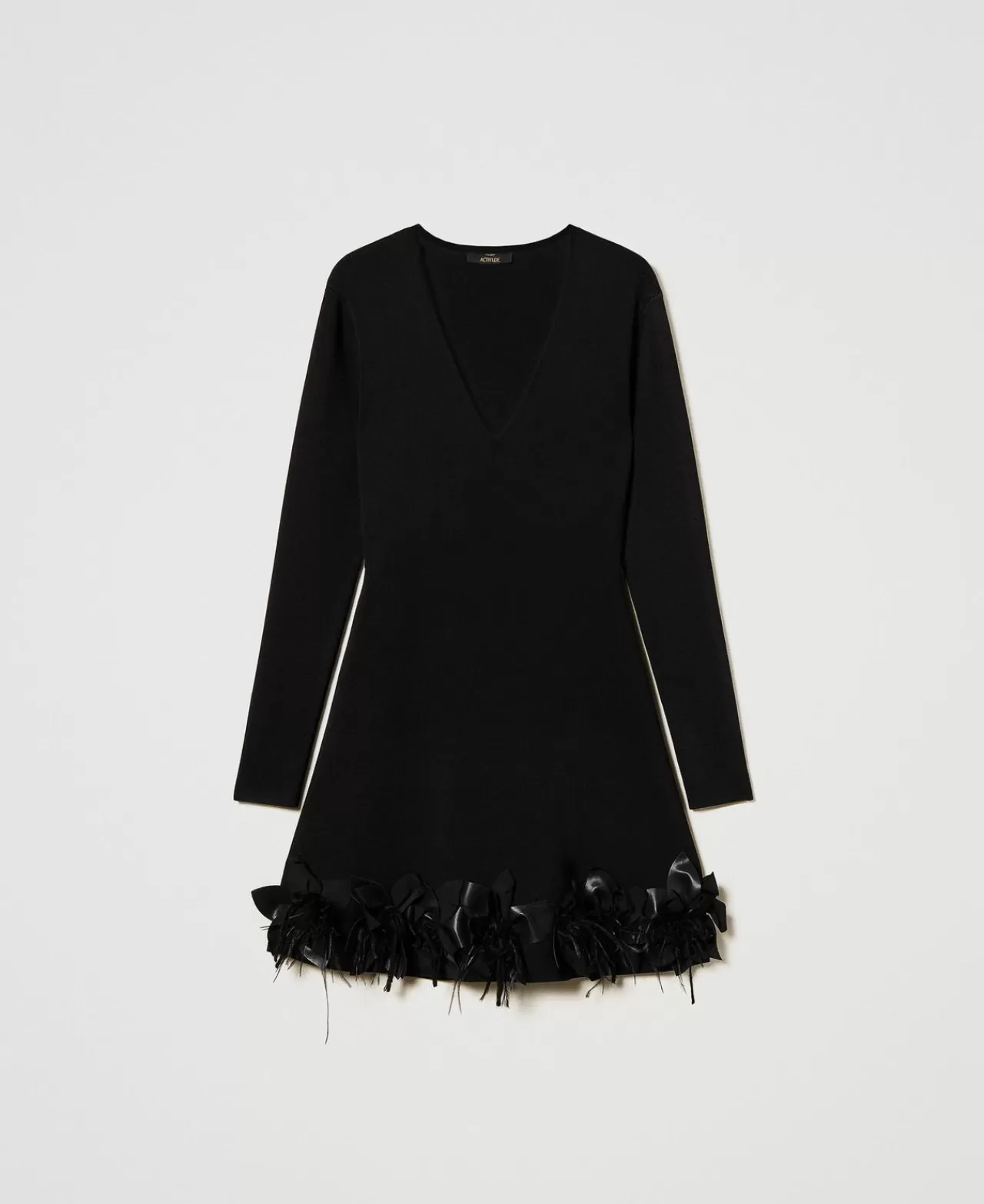 Vestiti In Maglia | Vestiti Corti | TWINSET Milano Abito Corto In Maglia Con Fiori E Piume Nero