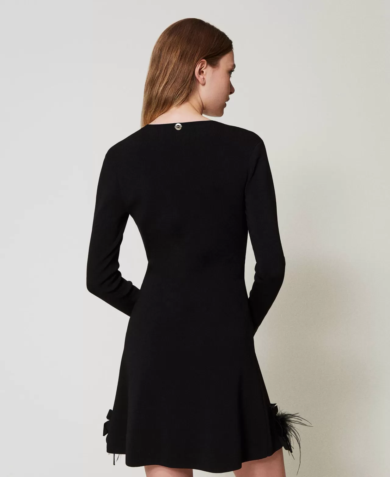 Vestiti In Maglia | Vestiti Corti | TWINSET Milano Abito Corto In Maglia Con Fiori E Piume Nero