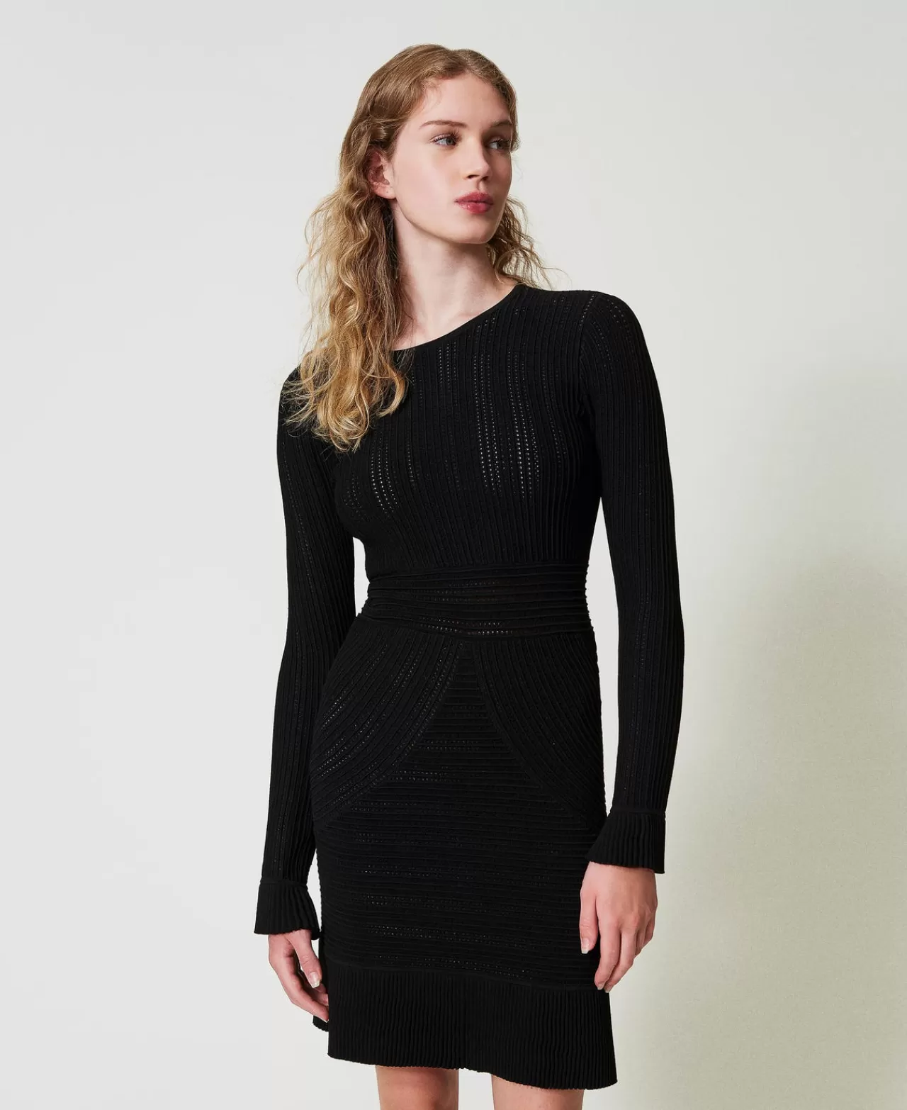 Vestiti In Maglia | Vestiti Corti | TWINSET Milano Abito Corto In Maglia Con Mix Di Punti Nero