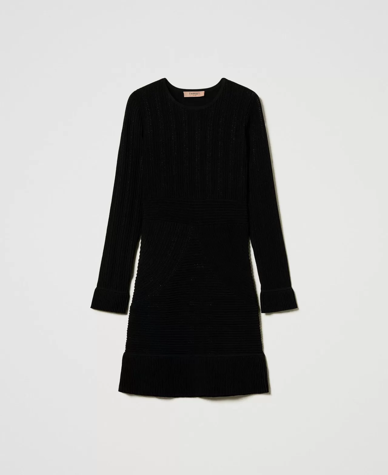 Vestiti In Maglia | Vestiti Corti | TWINSET Milano Abito Corto In Maglia Con Mix Di Punti Nero