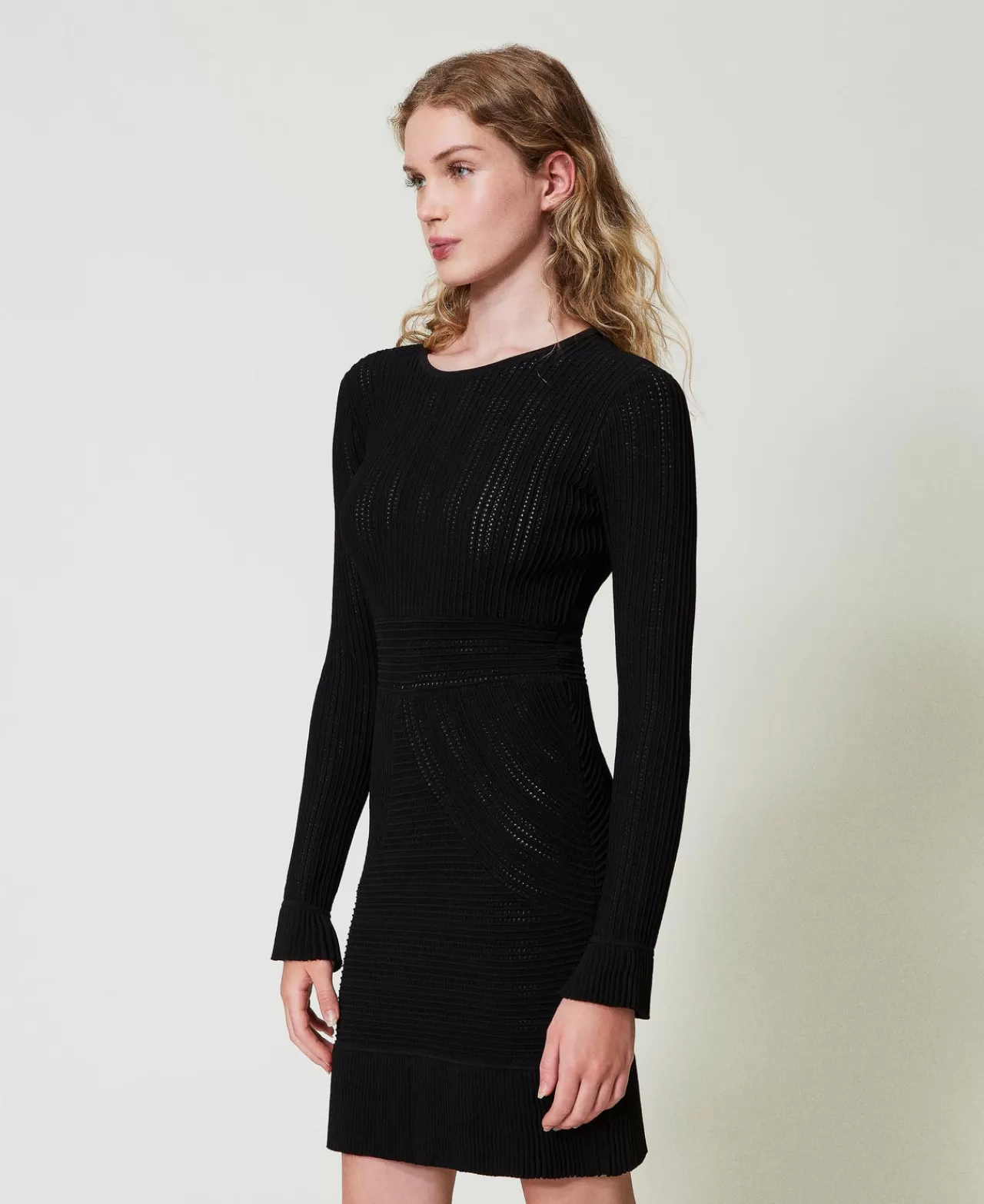 Vestiti In Maglia | Vestiti Corti | TWINSET Milano Abito Corto In Maglia Con Mix Di Punti Nero