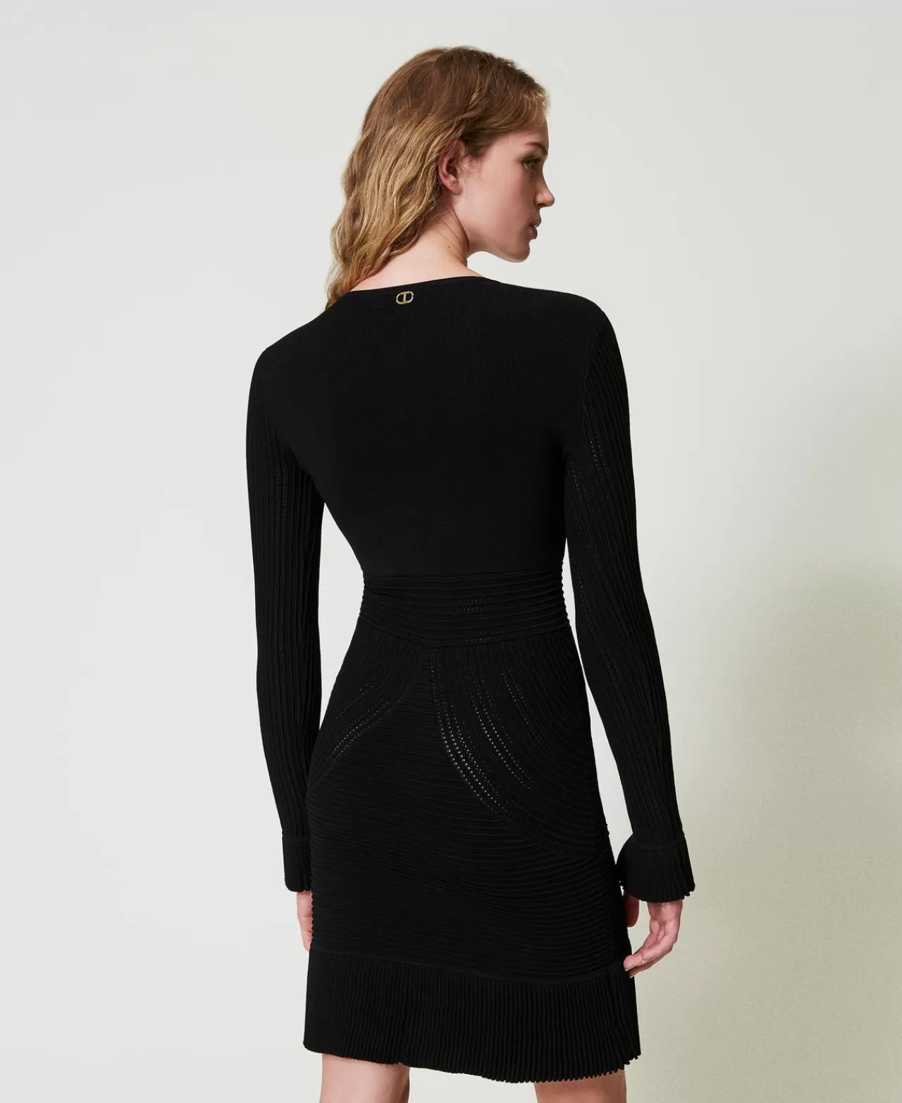 Vestiti In Maglia | Vestiti Corti | TWINSET Milano Abito Corto In Maglia Con Mix Di Punti Nero