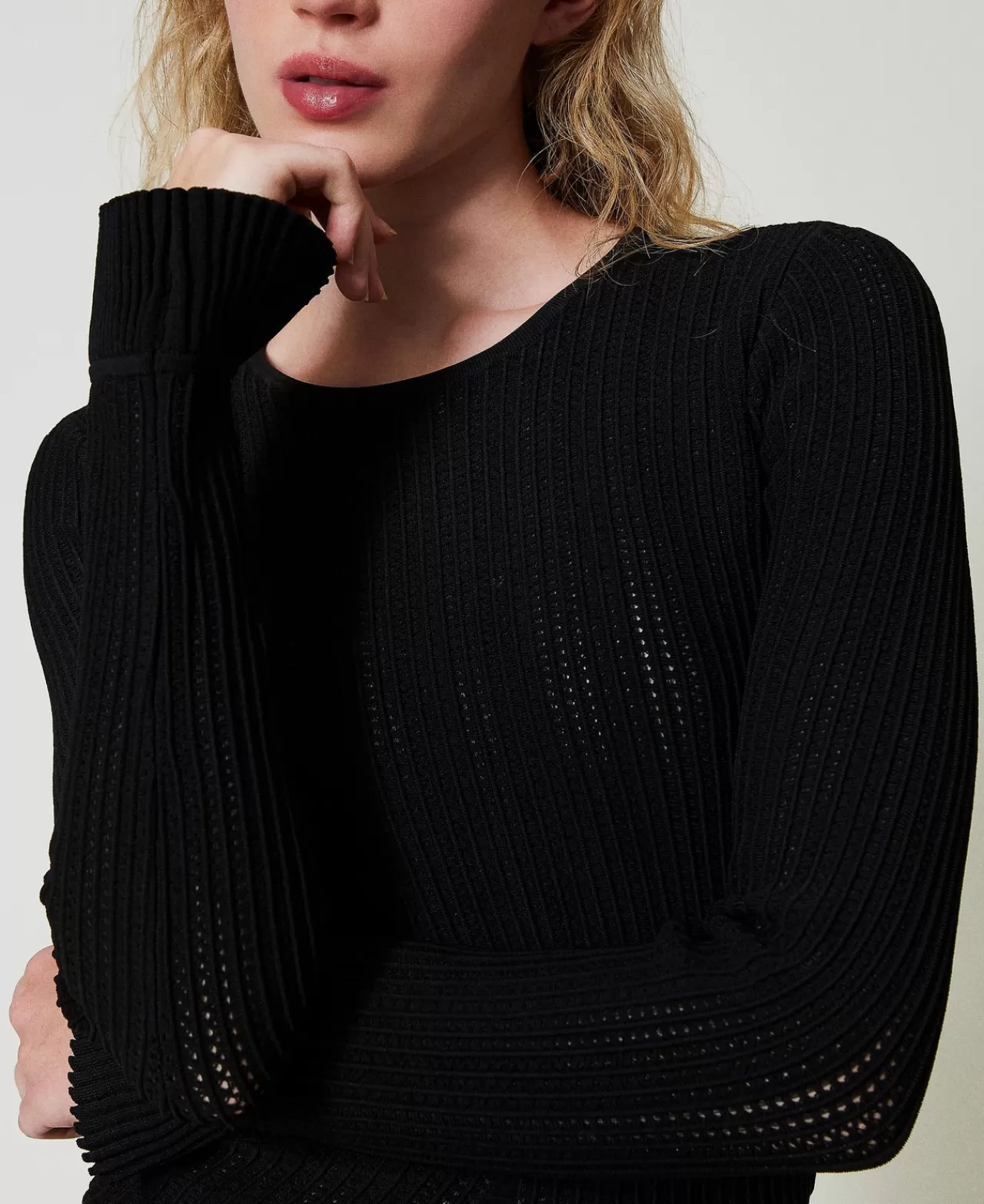 Vestiti In Maglia | Vestiti Corti | TWINSET Milano Abito Corto In Maglia Con Mix Di Punti Nero