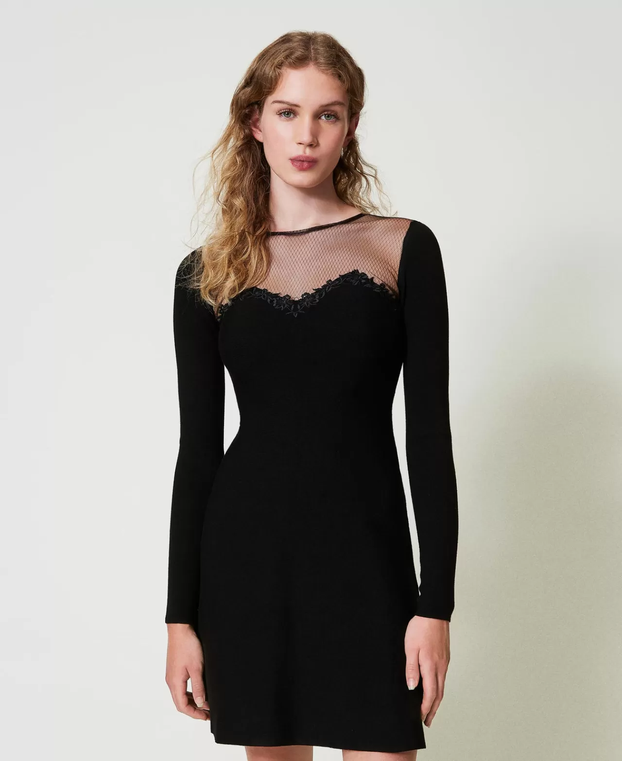 Vestiti Eleganti | Vestiti In Maglia | TWINSET Milano Abito Corto In Maglia Con Tulle E Ricamo Nero