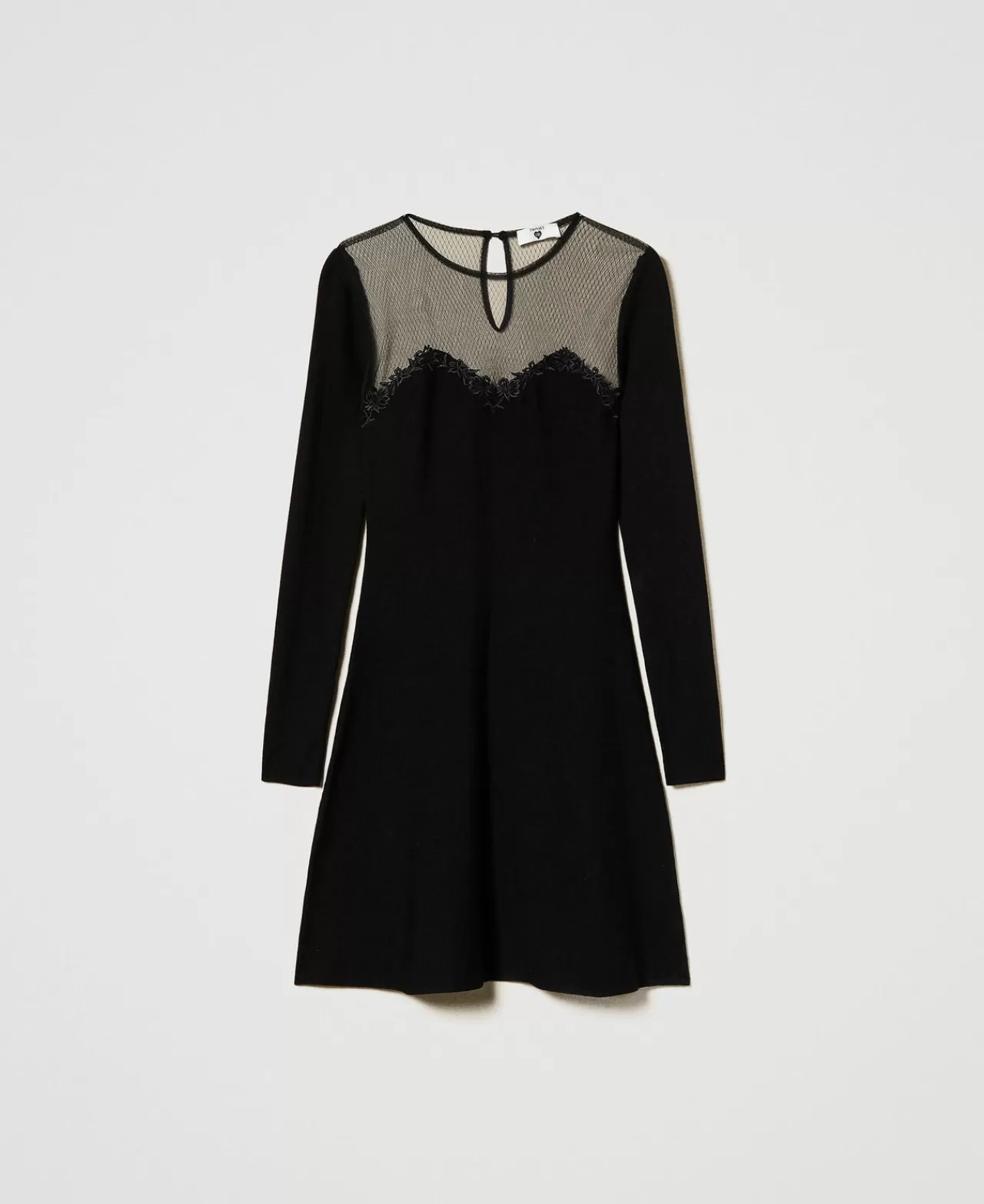 Vestiti Eleganti | Vestiti In Maglia | TWINSET Milano Abito Corto In Maglia Con Tulle E Ricamo Nero
