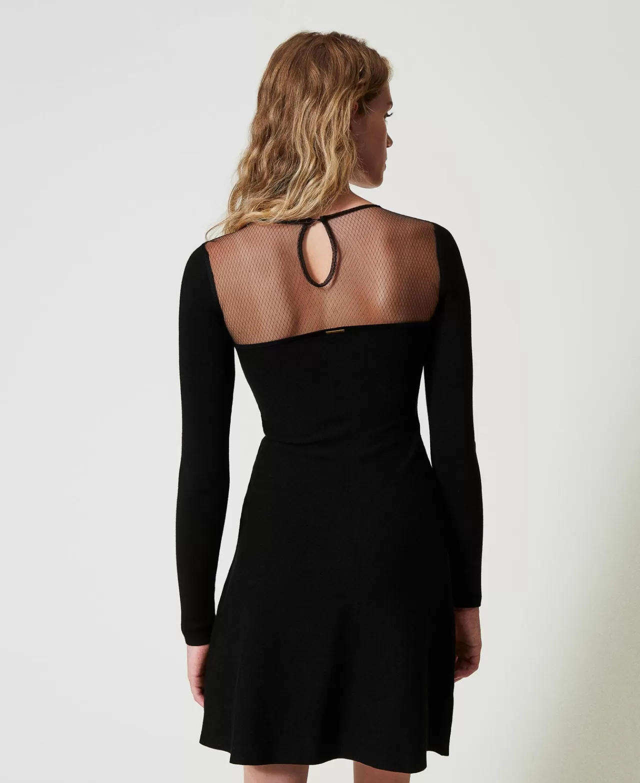 Vestiti Eleganti | Vestiti In Maglia | TWINSET Milano Abito Corto In Maglia Con Tulle E Ricamo Nero
