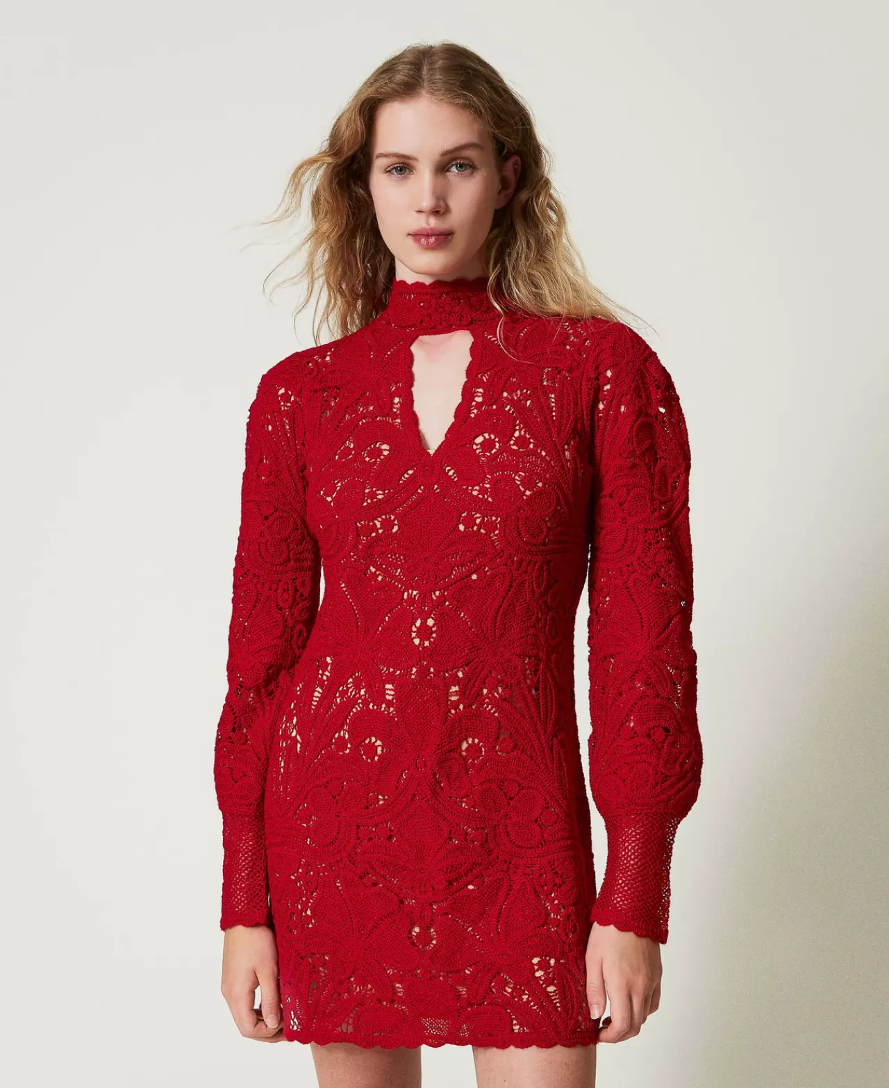 Vestiti Da Cerimonia | Vestiti Eleganti | TWINSET Milano Abito Corto In Maglia Crochet A Fiori Rosso Veneziano