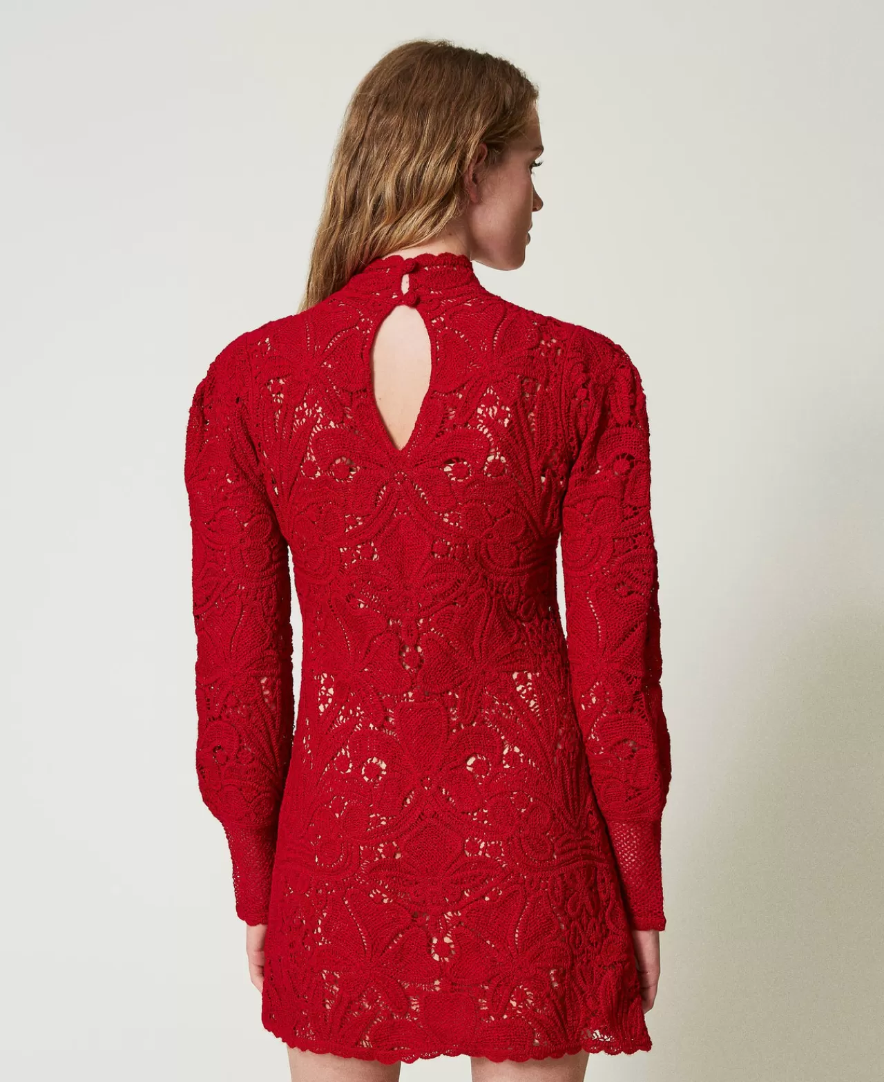 Vestiti Da Cerimonia | Vestiti Eleganti | TWINSET Milano Abito Corto In Maglia Crochet A Fiori Rosso Veneziano