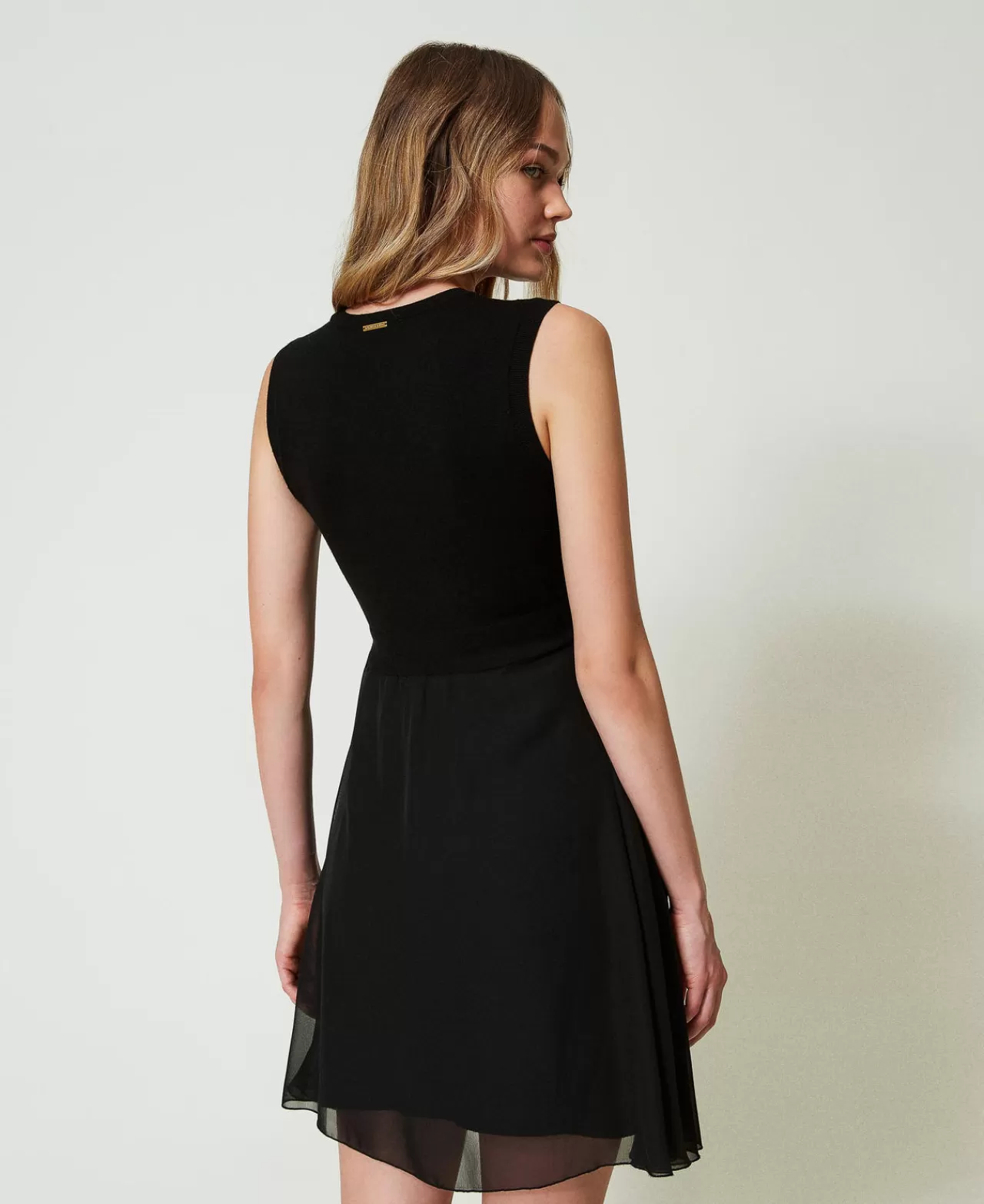 Vestiti Eleganti | Vestiti In Maglia | TWINSET Milano Abito Corto In Maglia E Georgette Nero