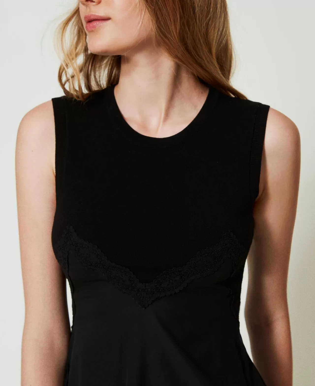 Vestiti Eleganti | Vestiti In Maglia | TWINSET Milano Abito Corto In Maglia E Georgette Nero